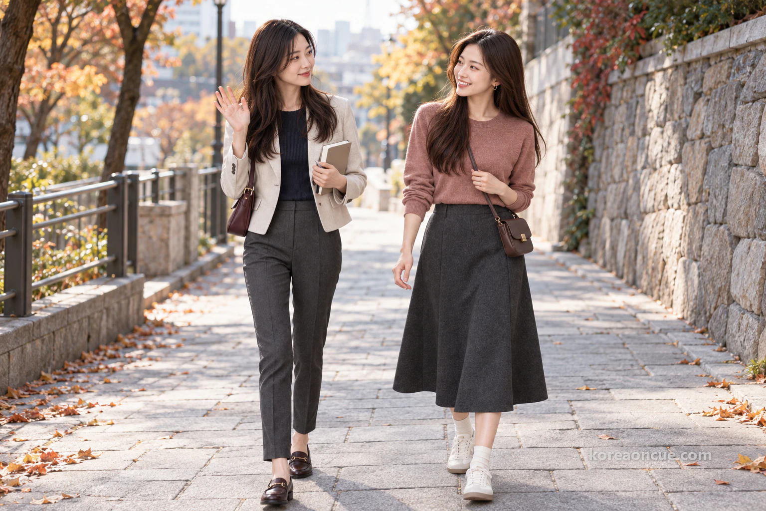 Rina and Mali meeting on a stone-paved pavement by an old stone wall towards Namsan on a clear late-autumn morning, Rina waving with her notebook in hand and Mali smiling back at her, street trees turning yellow and red. Editorial image.