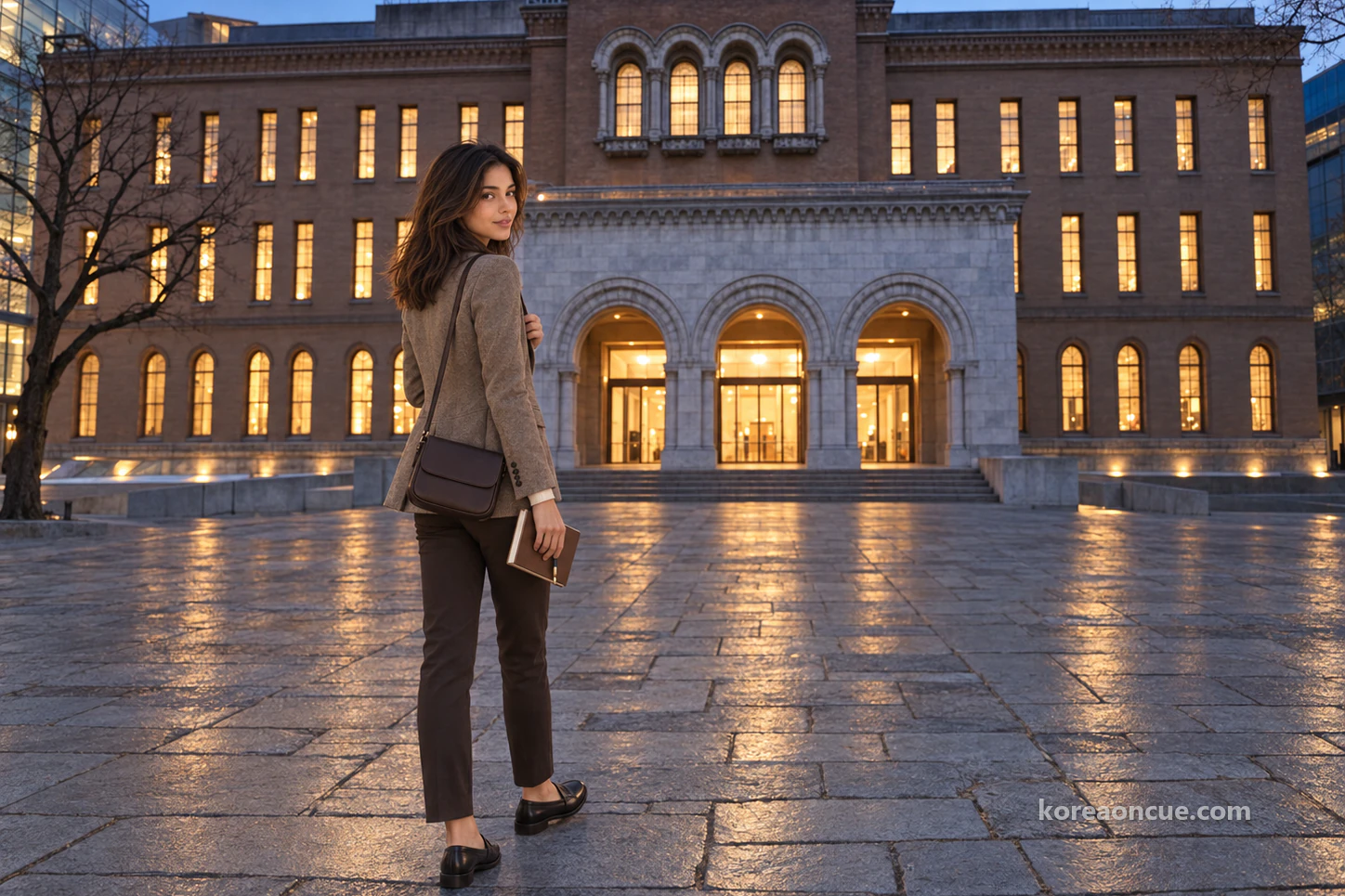Elena at the edge of the forecourt in blue light just after sunset, turning back to look at the lit reddish-brown stone facade and its three-arched porch, old trees in silhouette. Editorial image.