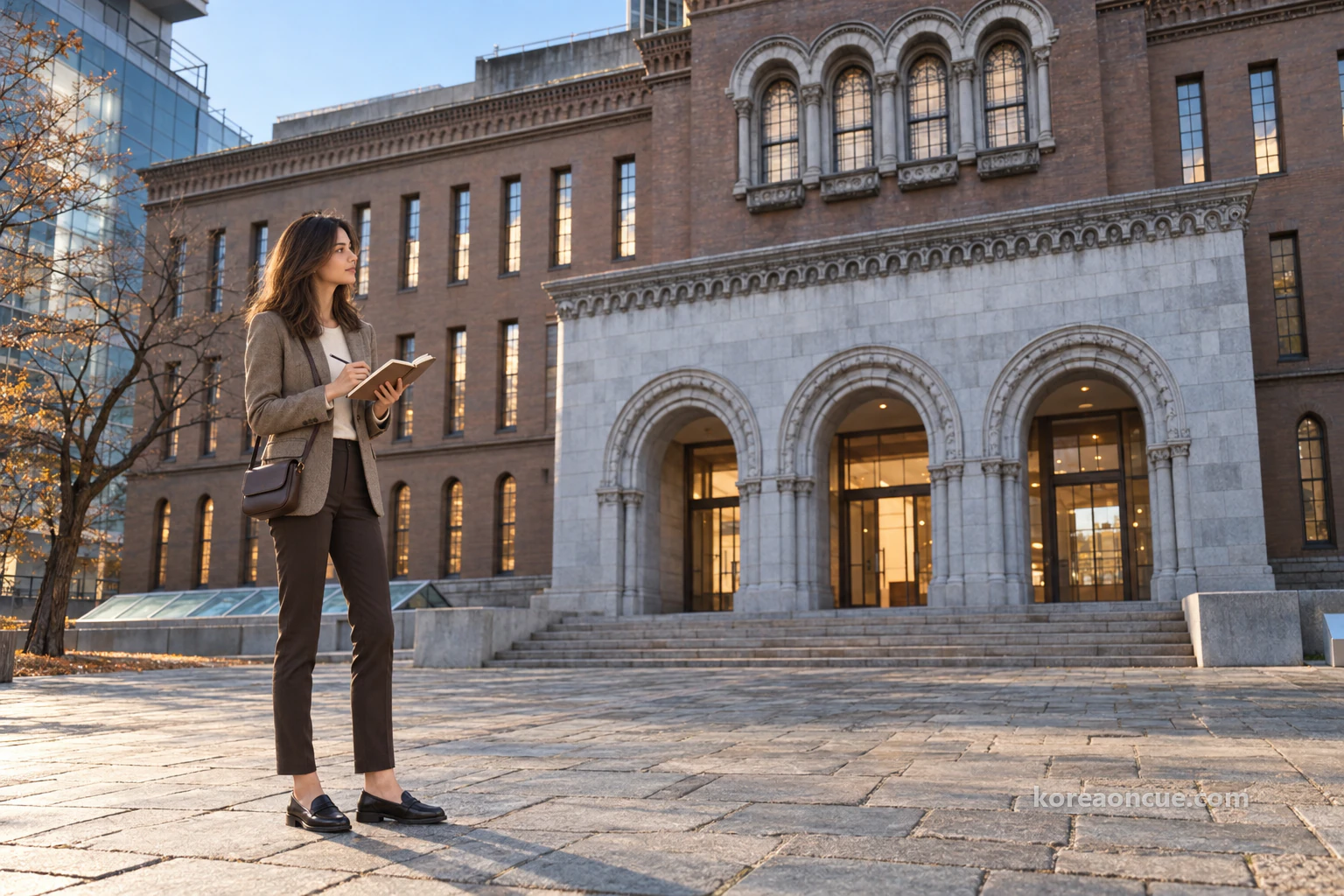 Elena standing at the edge of the forecourt, looking at the three-arched porch and sketching a section of the building in her notebook, the reddish-brown stone facade and arched windows in afternoon side light. Editorial image.