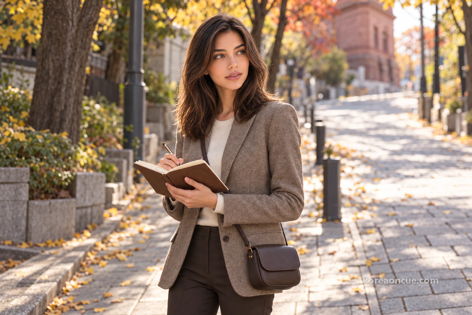 Elena pausing halfway up a gentle slope lined with old trees, drawing a large square bracket in her open notebook and glancing up the street, the corner of a reddish-brown stone building blurred at the top of the hill. Editorial image.
