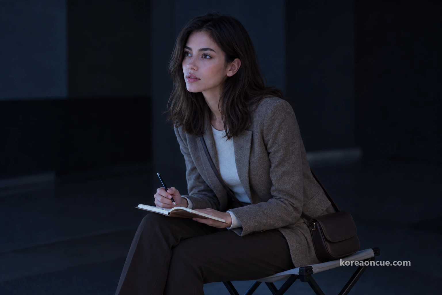 Elena in profile on a portable stool in a dim screening space, looking ahead, a bluish glow on her face and the notebook on her lap. Editorial image.