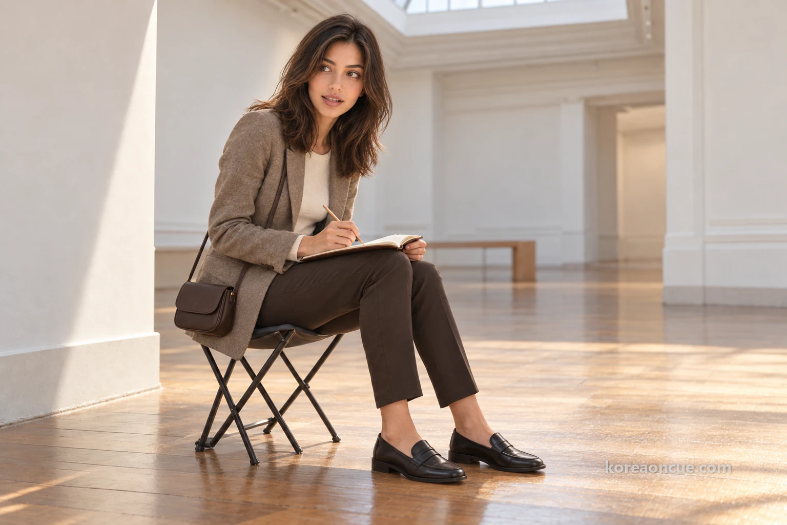 Elena sitting on a portable stool at one side of an exhibition room, looking up sideways from the notebook on her knee, soft light falling from an opening in the centre of the ceiling. Editorial image.