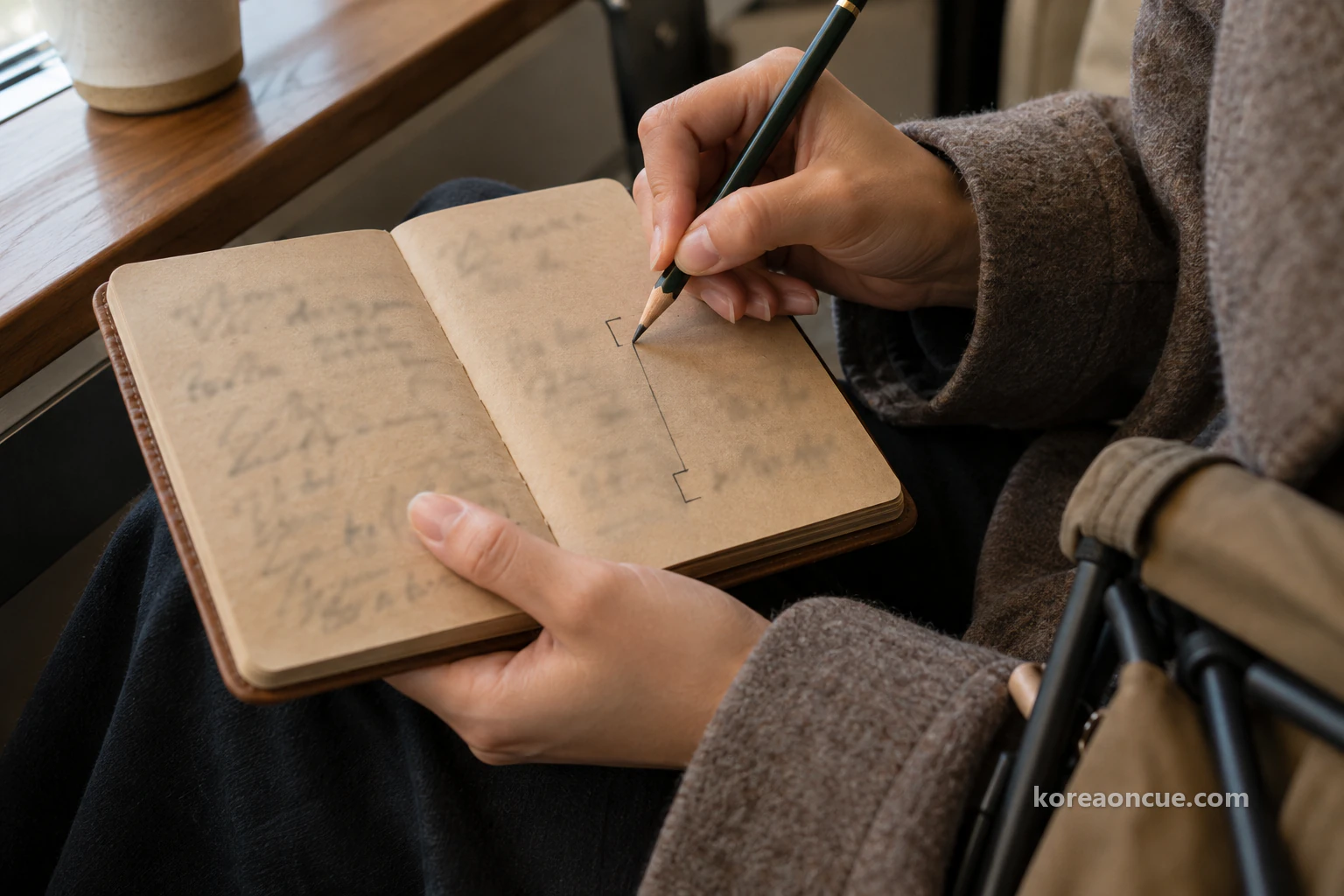 Close-up of a hand drawing a short vertical line in pencil between two lines written at the top and bottom of a small brown notebook, the corner of a folded stool hanging over the arm that holds it. Editorial image.