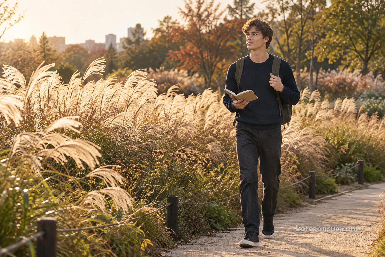 Distant side view of Noah walking slowly along a garden path through waist-high silver grass swaying in the wind, the plumes shining silver in the backlight. Editorial image.