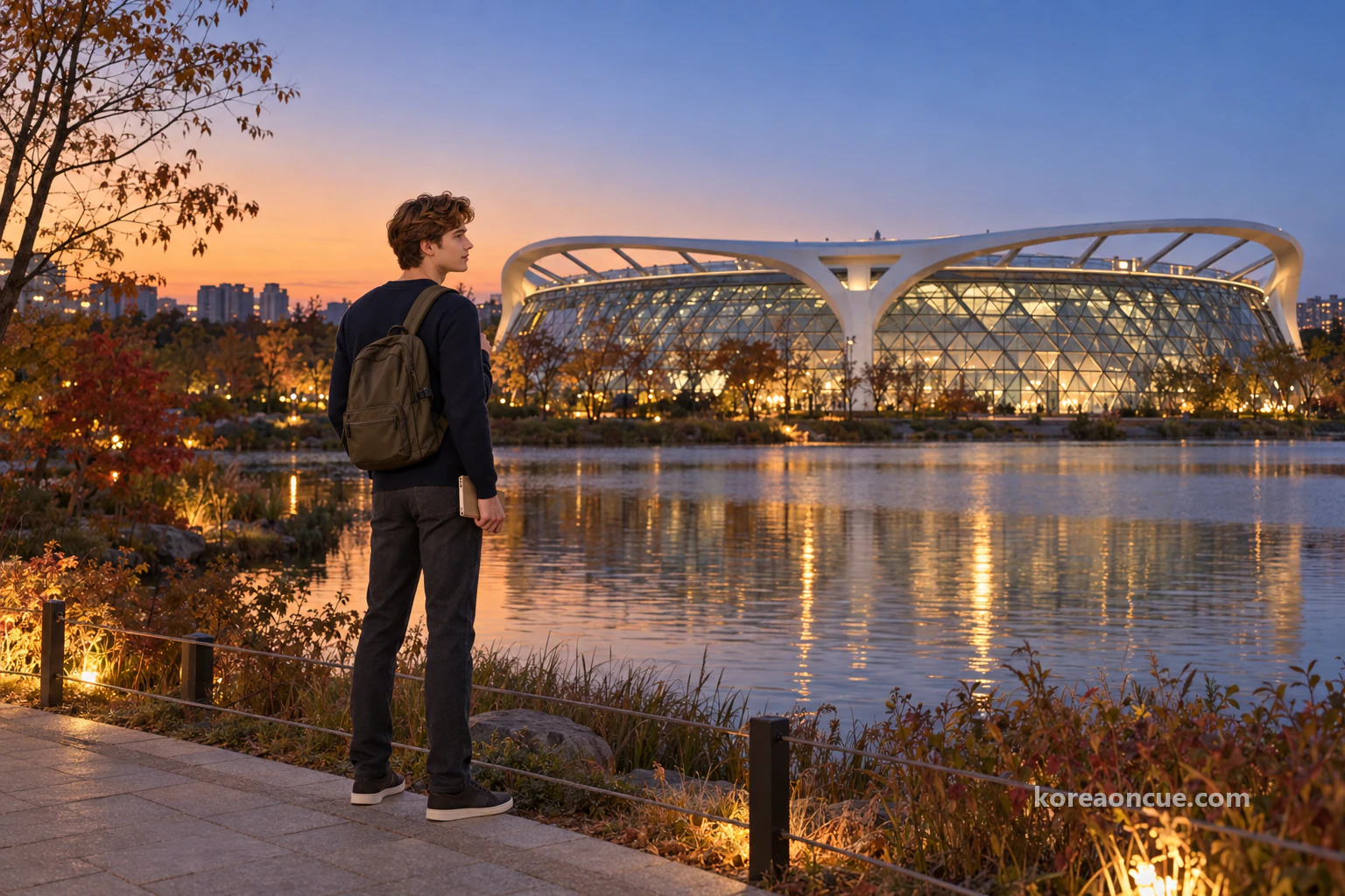 Noah seen from behind with his profile visible on a lakeside path at dusk, looking back across the water at a long, low glass greenhouse, the orange-to-navy sky reflected in the lake. Editorial image.