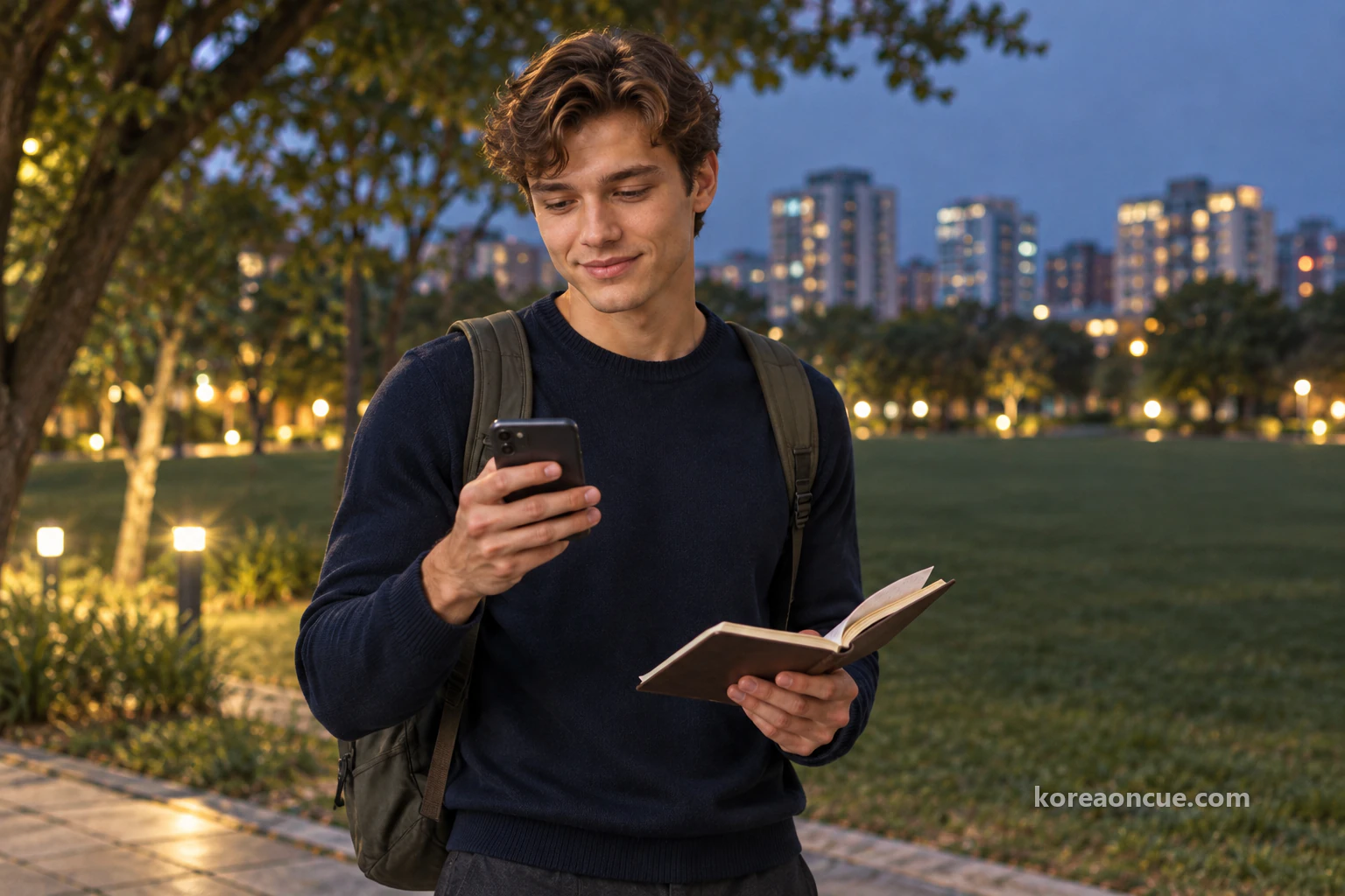 Noah smiling at his phone under a tree at the edge of a lawn just after sunset, his open notebook in the other hand with the corner of a tucked-in sheet of paper showing, warm street lamps far away. Editorial image.