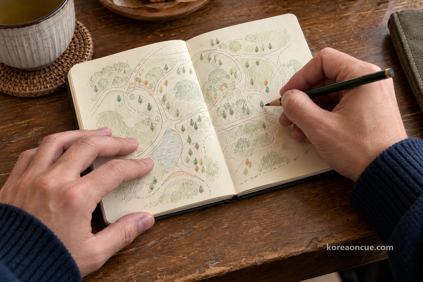 Close-up of a hand in a navy sweater sleeve pressing small leaf-shaped marks one by one with a pencil onto a hand-drawn park map in an open notebook, one leaf just finished at the pencil tip. Editorial image.