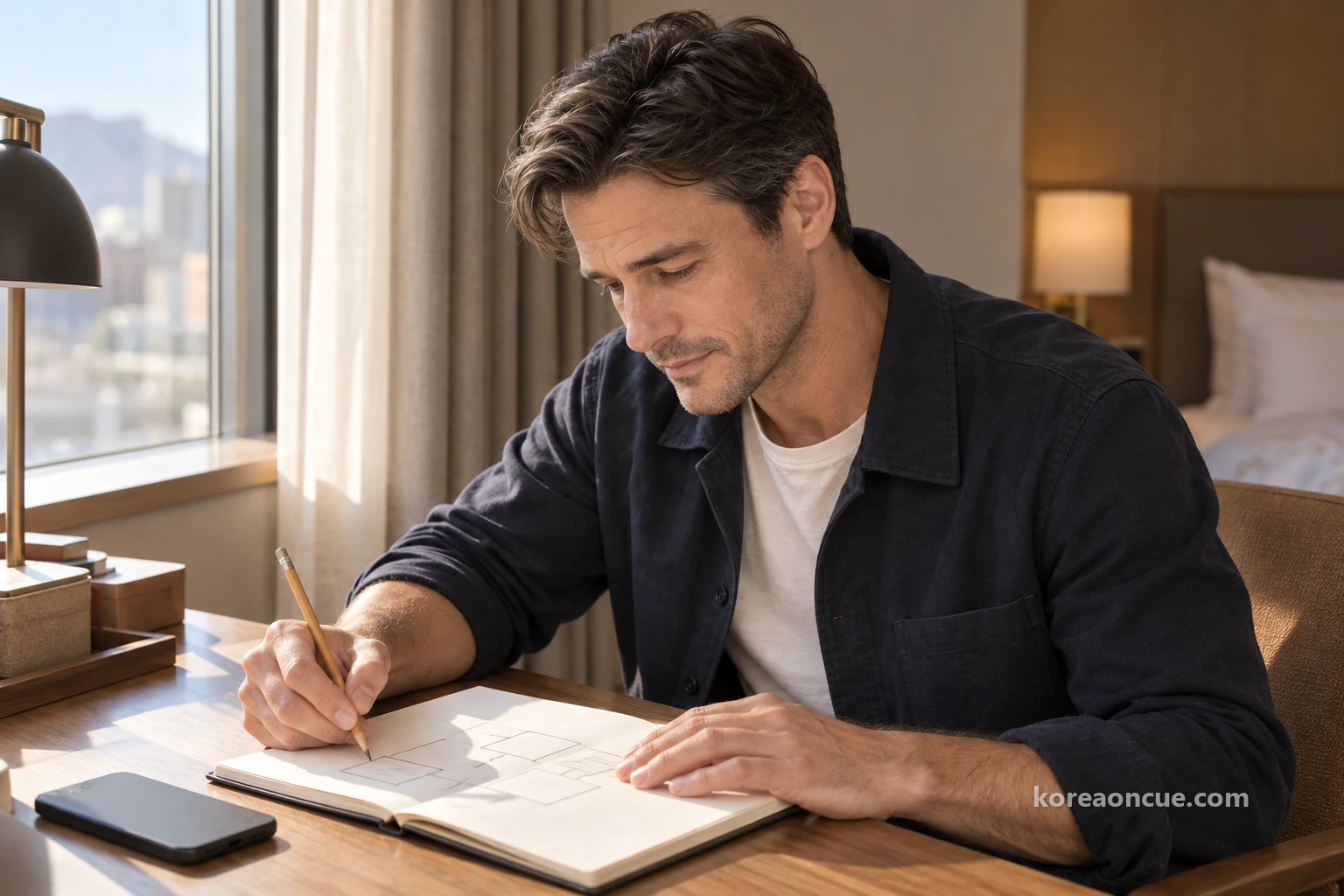 Ethan in profile at a hotel room desk in morning sunlight, drawing a few linked rectangular boxes in pencil in his open notebook, a phone lying face down beside it. Editorial image.