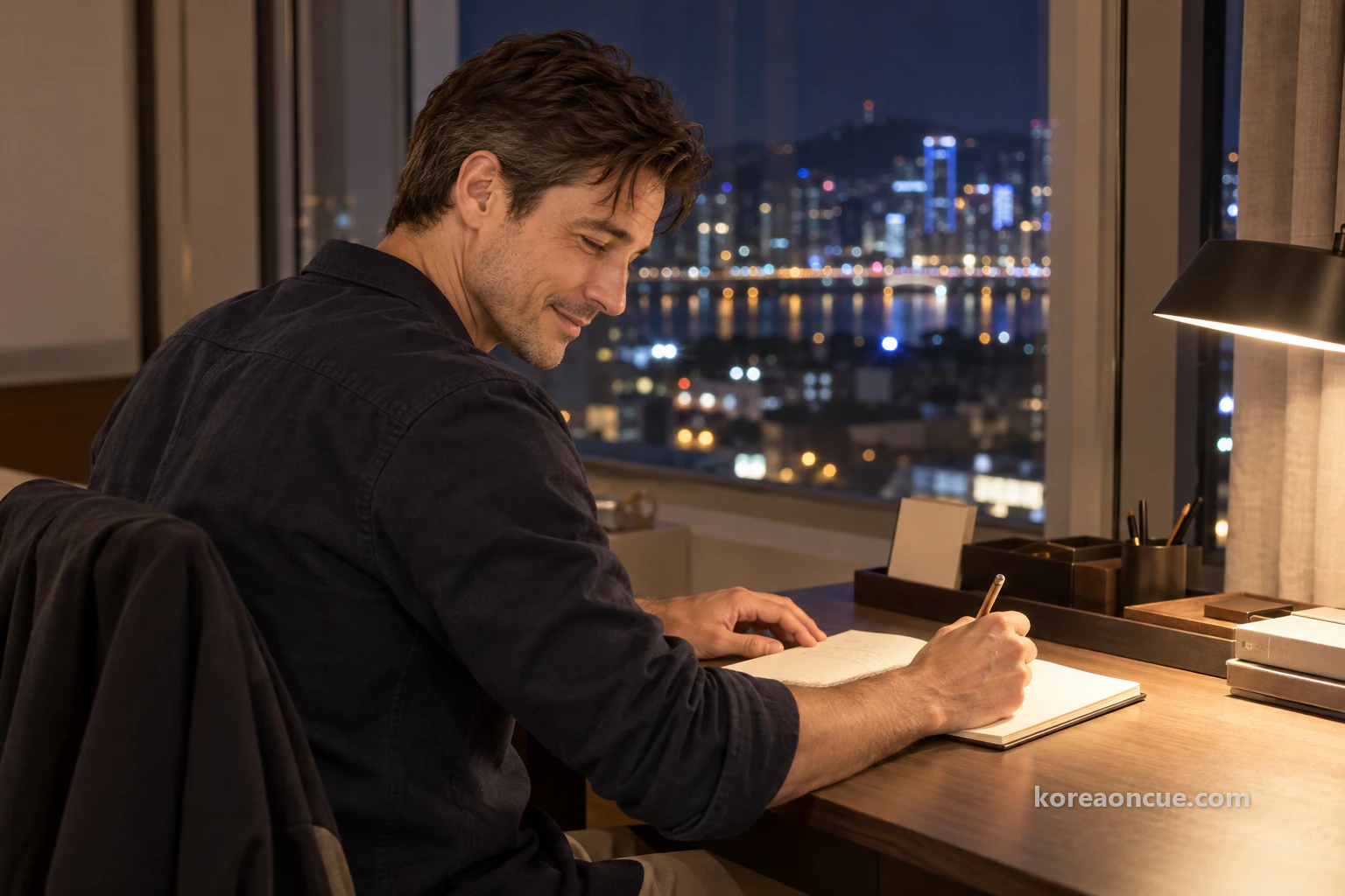 Ethan at a hotel room desk at night under a desk lamp, smiling quietly as he looks down at the last page of his notebook with a pencil in hand, a coat on the chair and city lights through the window. Editorial image.