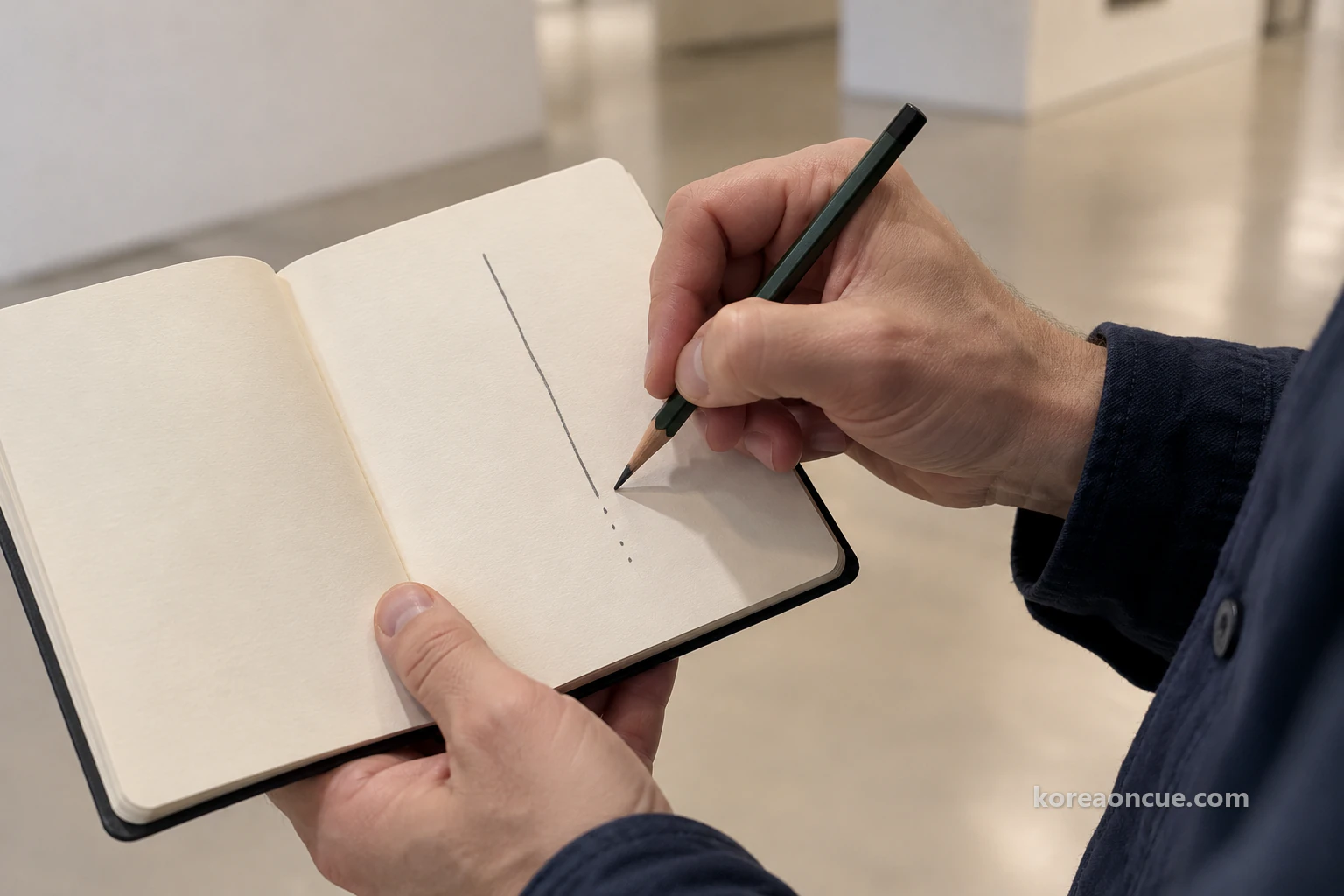 Close-up of a hand in a navy sleeve drawing one very long vertical line and fine small dots beneath it in pencil on an open notebook page. Editorial image.