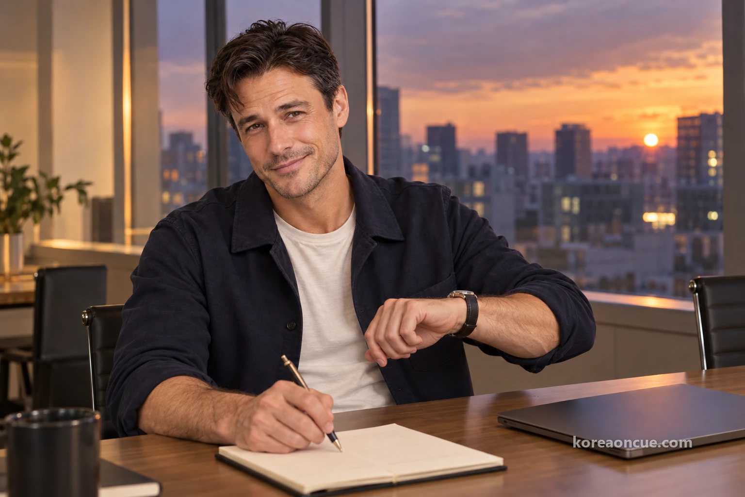 Ethan seated at a meeting-room table by the window at sunset beside a closed laptop, checking his wristwatch while writing a short line at the top of his notebook, the city sky turning from orange to navy outside. Editorial image.