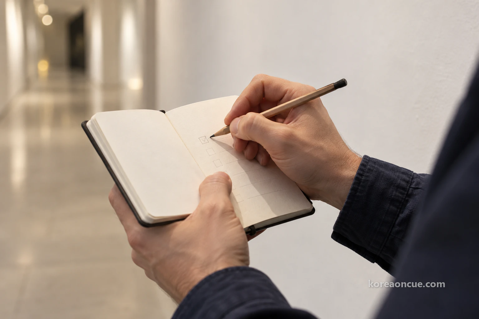 Close-up of hands in navy sleeves in front of a white corridor wall, one supporting a small notebook while the other writes a short character in pencil at the front of a rectangular box. Editorial image.
