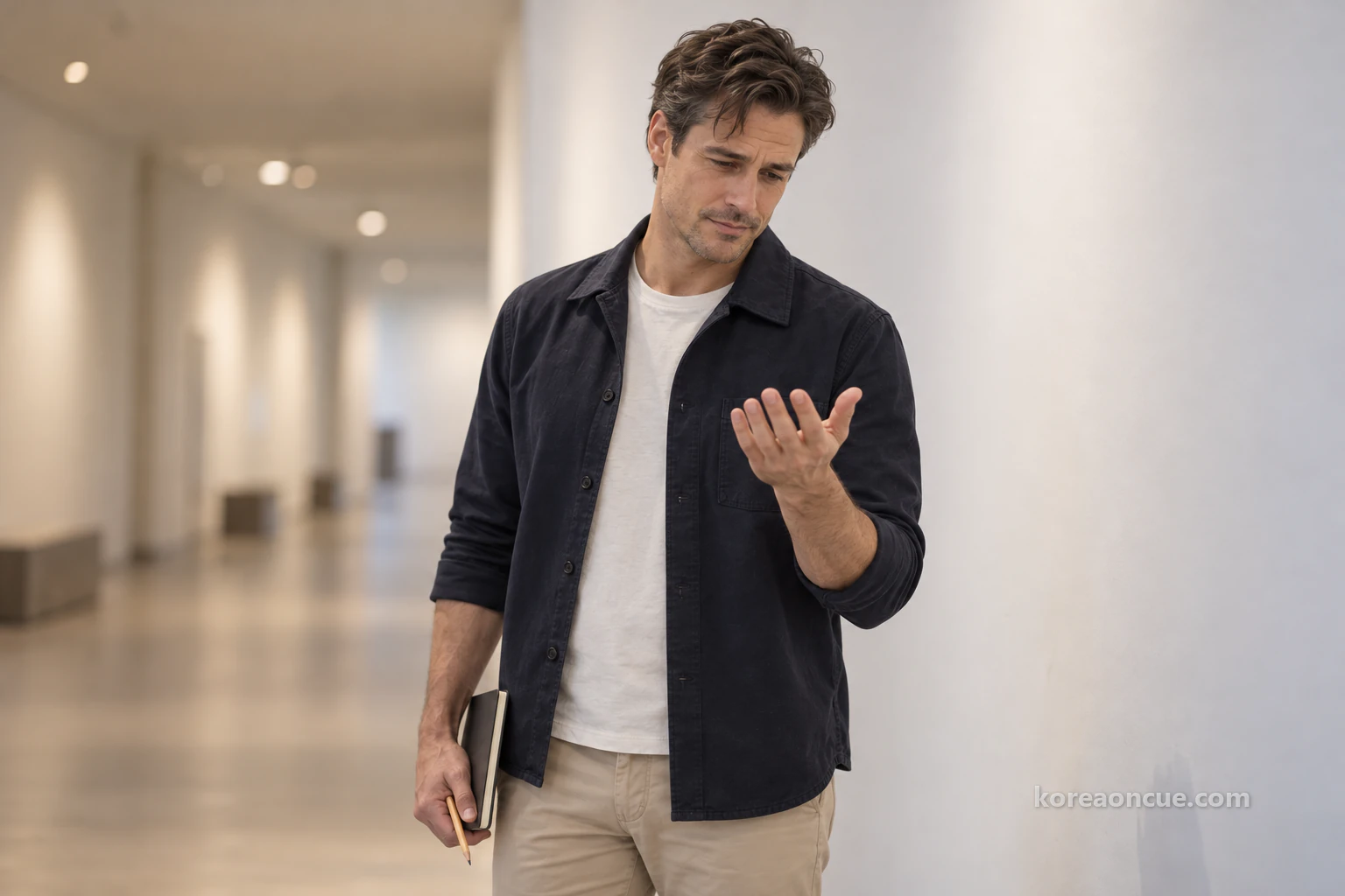 Ethan, upper body, close to a museum corridor wall, his notebook lowered as he quietly looks down at his open left palm held at chest height, a blurred white wall behind him. Editorial image.