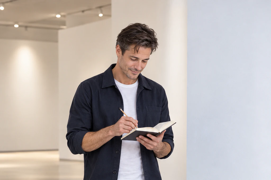 Ethan standing at the edge of a wide, empty white-walled space, drawing two boxes facing each other in his notebook, the corners of his mouth lifting slightly. Editorial image.