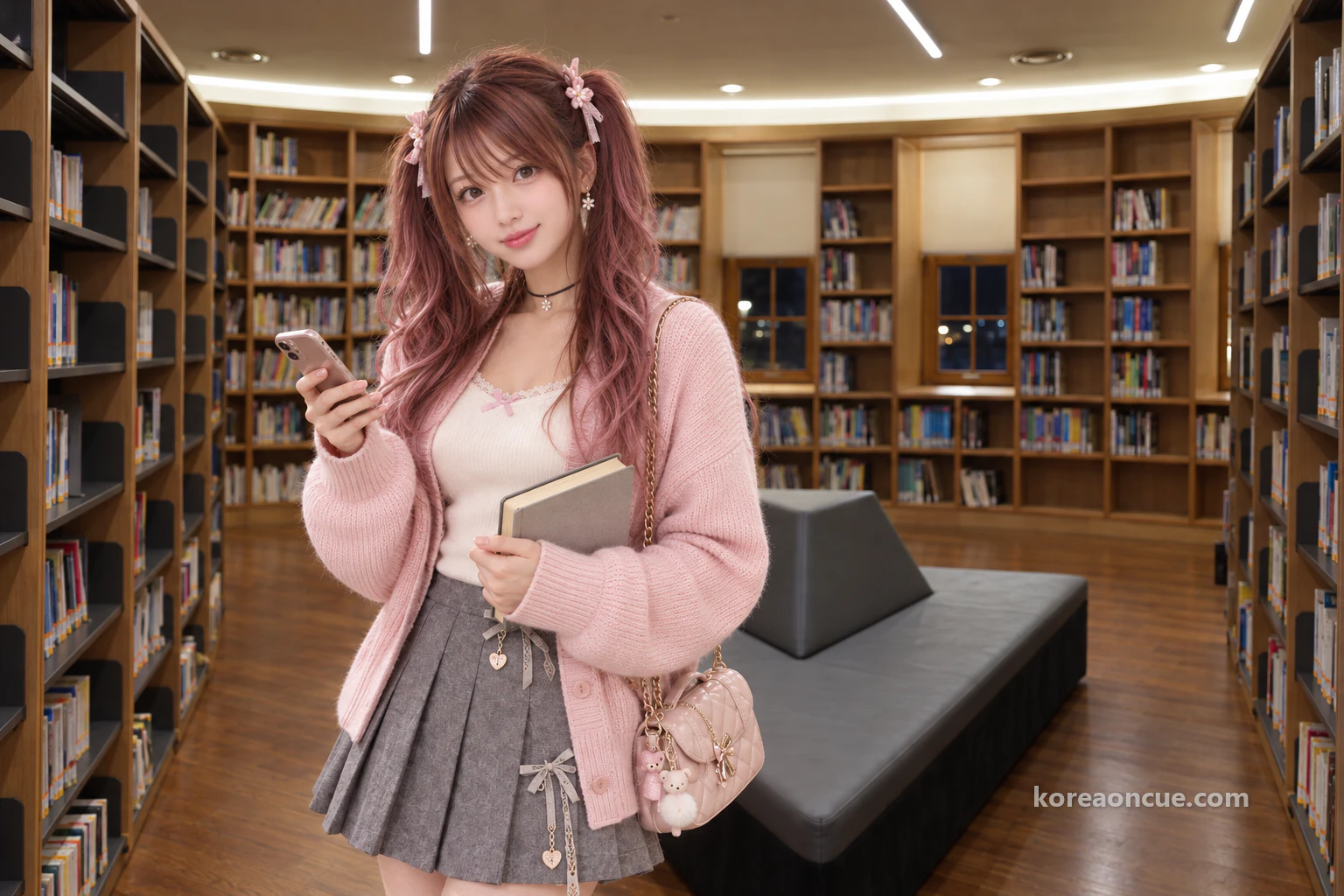 Hina in profile beside a grey triangular bench in a reading room at night, closing her book and glancing down at the time on her phone, curved wall shelves with small dark grid windows and linear ceiling lights, a little sorry to leave yet satisfied. Editorial image.
