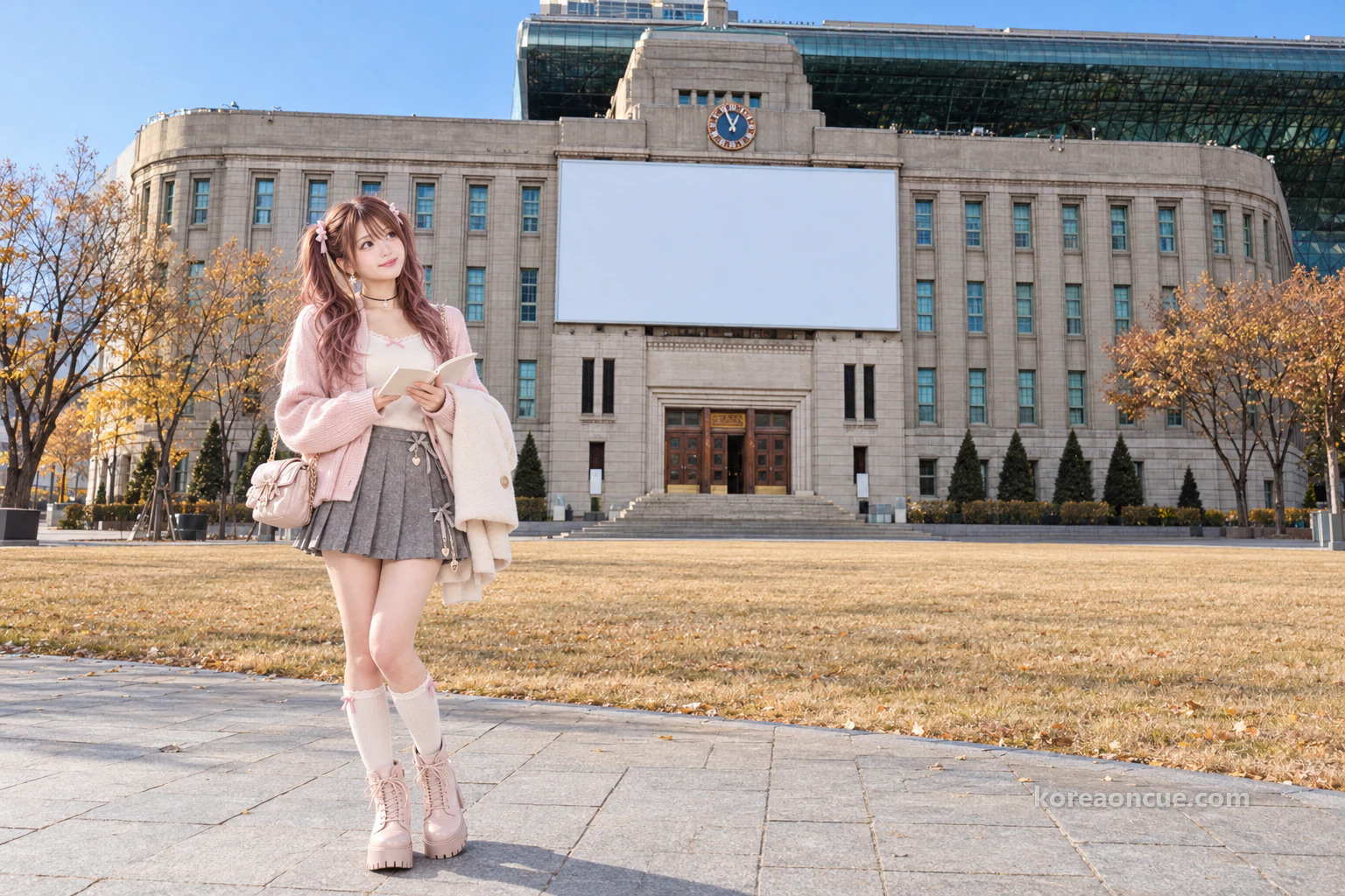 Hina standing at the edge of a wide plaza on a clear late-autumn afternoon, smiling up at a clock tower, an open notebook in one hand and a coat over her arm, behind her a four-storey grey granite building with long rows of tall windows, a round clock on its central tower, three wooden doors above low steps, a row of conical evergreens and a taller curved glass building rising beyond. Editorial image.