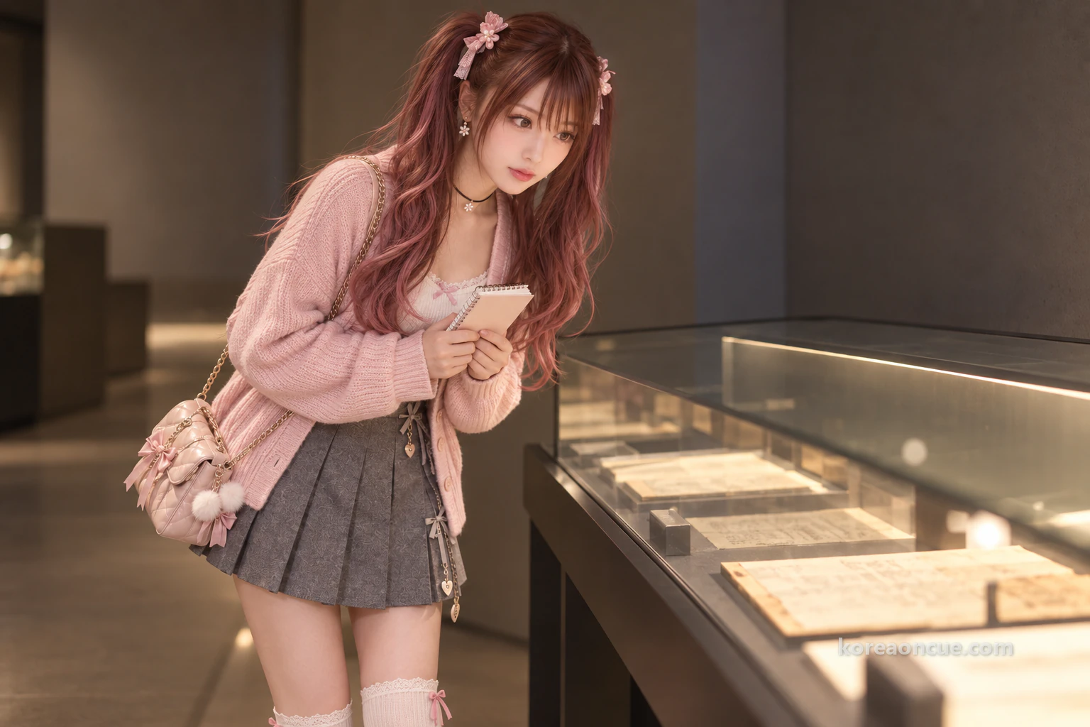 Hina in profile in a calm, dimly lit exhibition room, leaning slightly over a long low glass display table to look closely at old documents inside, both hands holding her notebook against her chest. Editorial image.