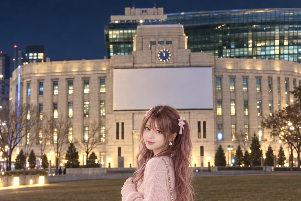 Hina pausing on the pavement at the edge of a plaza at night, pulling her coat closed and looking back over her shoulder with a warm smile, behind her a softly blurred lit stone building with a clock tower, a taller curved glass building beyond and scattered night lights. Editorial image.