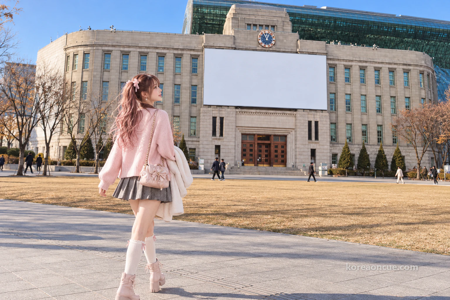 Hina seen obliquely from behind walking along the pavement at the edge of a wide plaza on a clear late-autumn afternoon, a coat over her arm, gazing ahead at a grey granite building, a few distant passers-by and open sky. Editorial image.