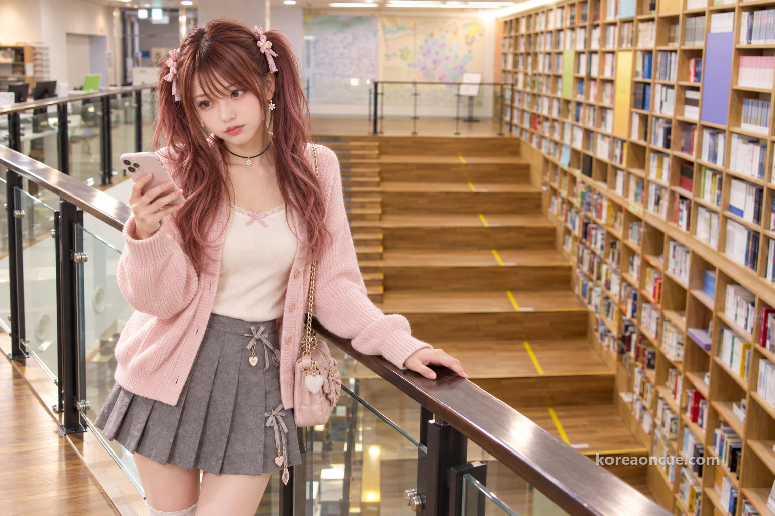 Hina by a glass balustrade on an upper reading floor around dusk, checking the time on her phone and looking down at a broad wooden stepped seating platform below, the corners of her mouth turned slightly down, a wall of wooden shelves rising to the ceiling beside it. Editorial image.