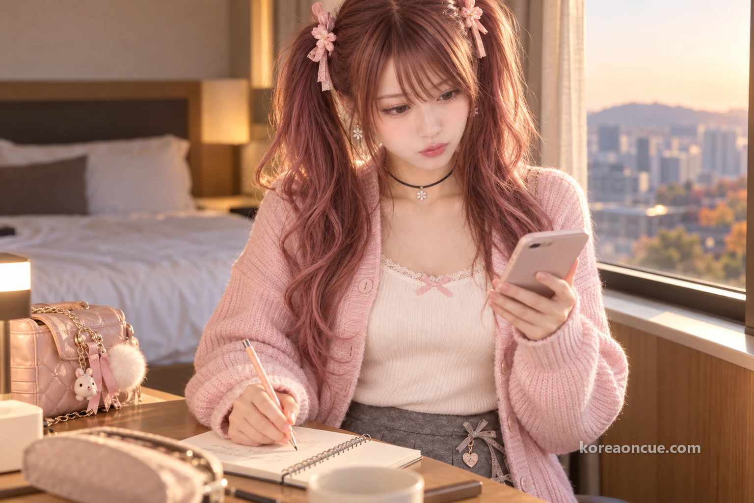 Hina standing at a small desk by a hotel window in late afternoon, glancing between her phone and an open notepad as she writes two short lines in pencil, lips pursed as if calculating, low autumn sunlight slanting in. Editorial image.