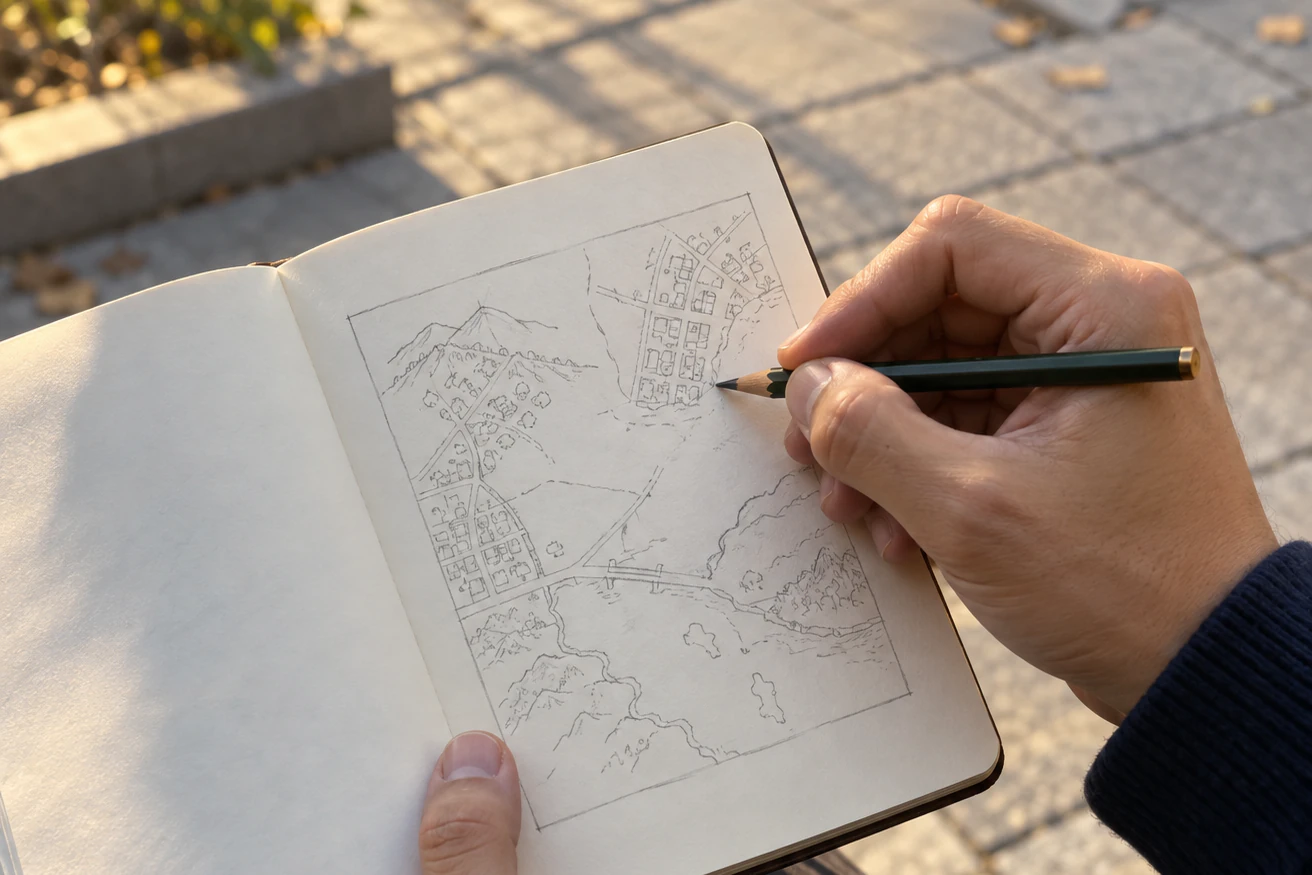 Close-up of a hand in a navy sweater sleeve drawing one large rectangular border on a blank page of a small notebook, a few palm-sized map fragments sketched sparsely inside, the other hand steadying it from below over softly blurred stone paving in warm late-afternoon light. Editorial image.