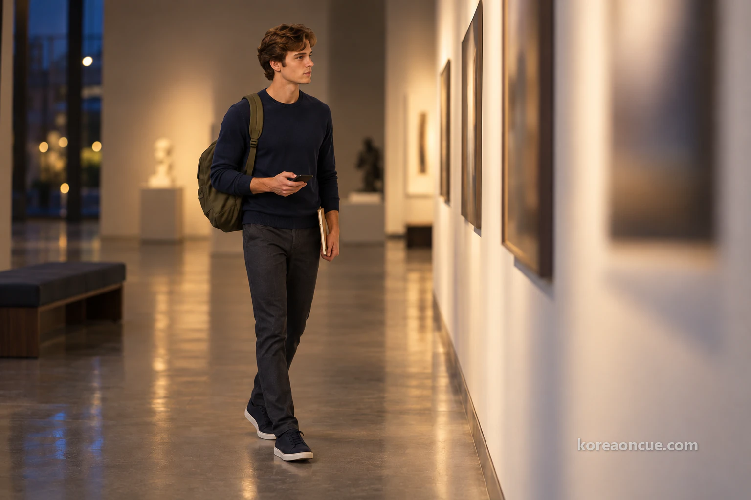Noah in profile walking slowly through a long, softly lit exhibition room, a closed notebook tucked under his arm and a phone in his hand, looking towards the displays along the wall with a calm, serious expression, the displays blurred. Editorial image.