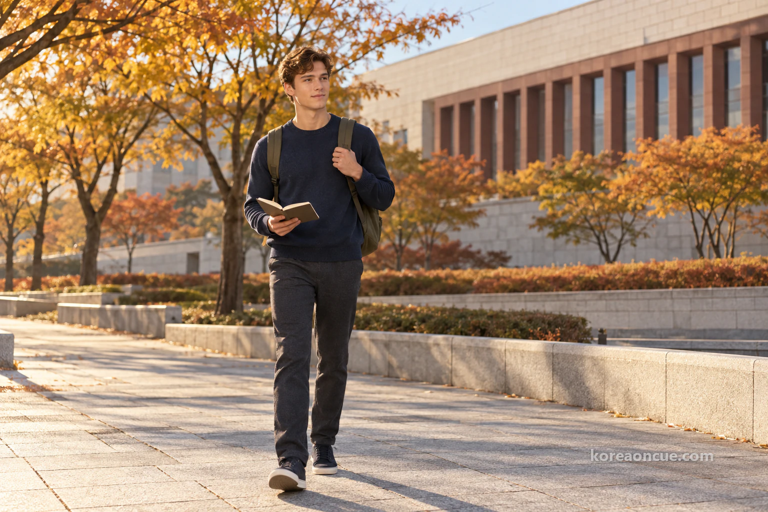 Noah walking along a wide stone-paved path lined with yellow and orange autumn trees in low golden late-autumn sun, glancing calmly at the building beside him, an open notebook in one hand and a thumb hooked under his backpack strap, a long museum building with a reddish-brown grid façade soft behind the trees. Editorial image.