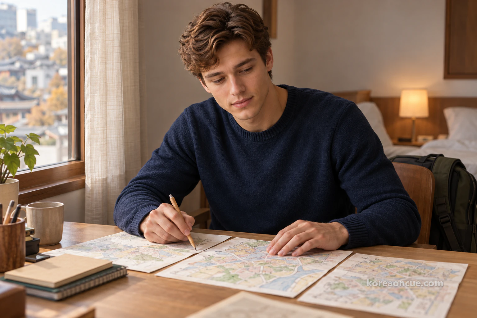 Noah at a desk by a guesthouse window on a late-autumn afternoon, several hand-drawn neighbourhood maps laid side by side, touching the empty gap between two of them with the tip of a pencil and tilting his head, soft window light