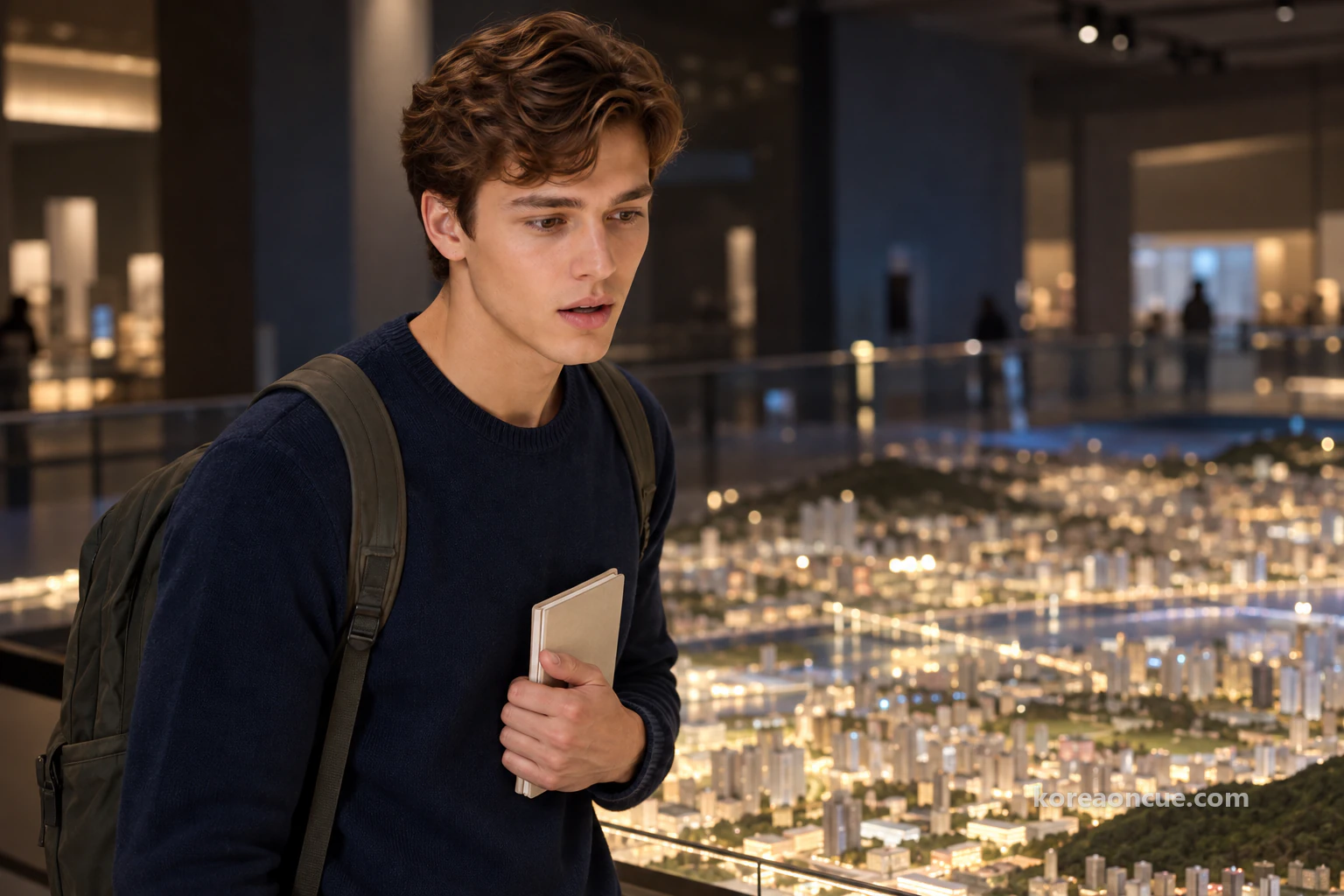 Noah from the chest up at the edge of a vast city scale model in a dim exhibition hall, looking down at it, soft light from the model lighting his face from below, his lips slightly parted in surprise and admiration. Editorial image.