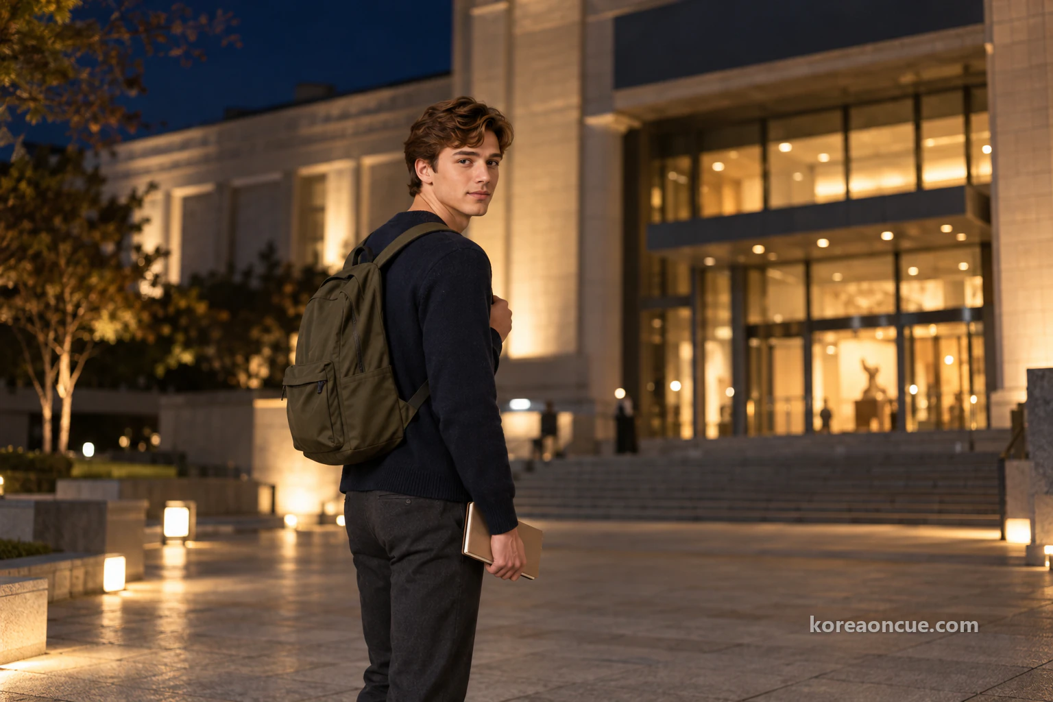 Noah half turning outside a museum entrance in cold navy-blue night air to look back at the building, seen from behind with his face in profile, a closed notebook in his hand and a thumb under his backpack strap, warm light spilling from blurred windows. Editorial image.