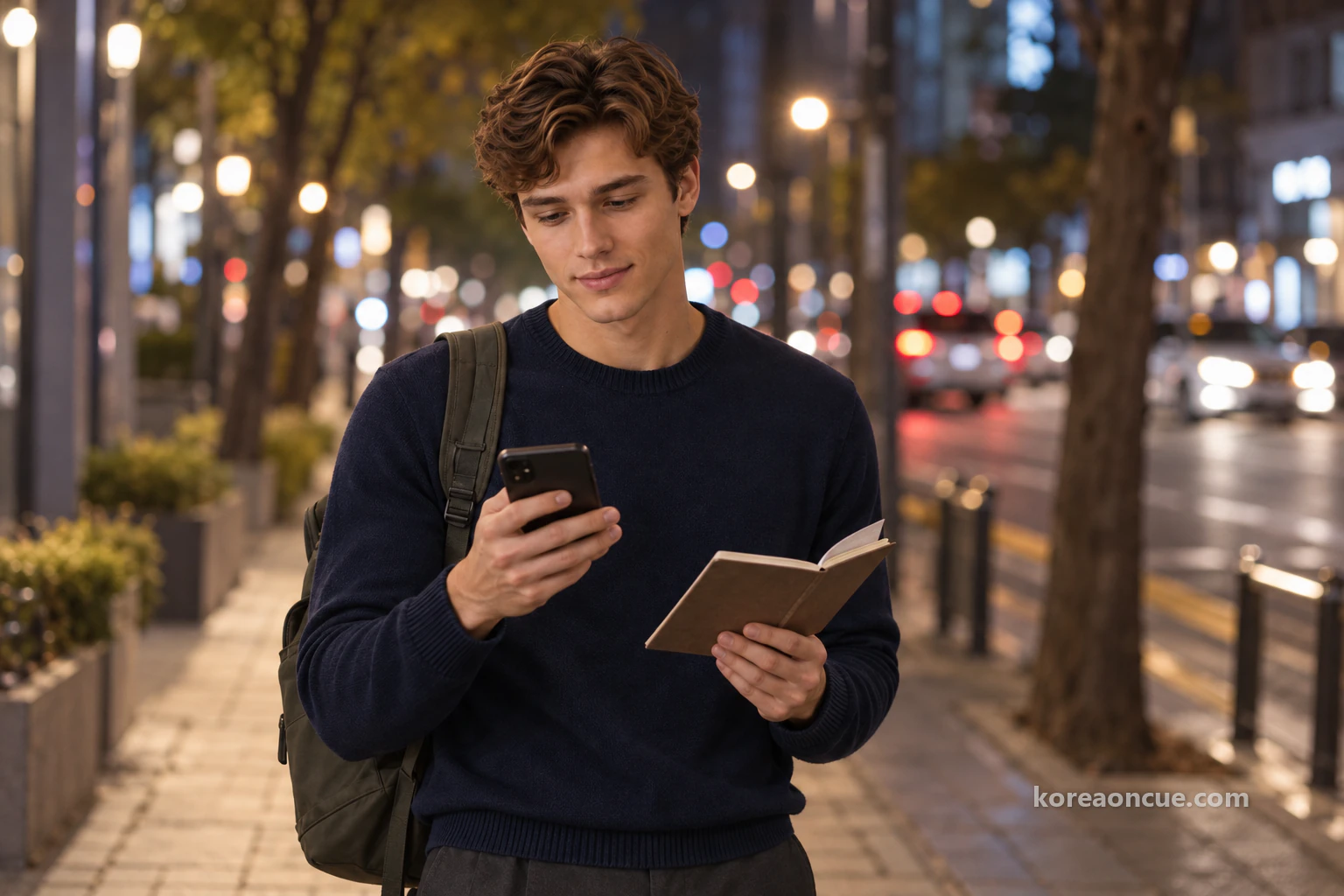 Noah pausing on a downtown pavement lined with streetlights at night, smiling a little as he looks down at his phone, an open notebook held at his chest with the corner of a loose sheet showing at the back, car lights blurred behind. Editorial image.