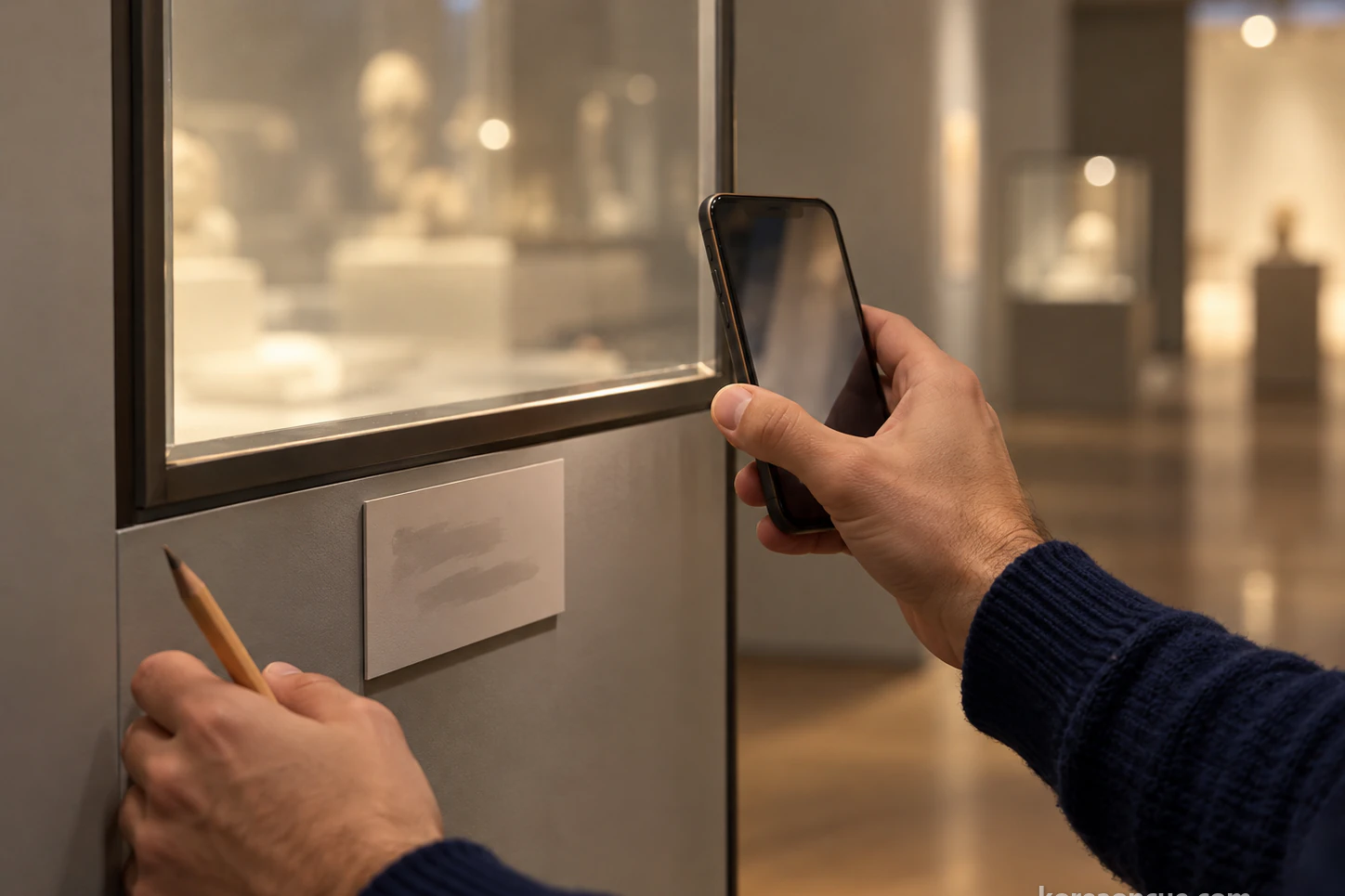 Close-up under calm gallery lighting of a hand in a navy sweater sleeve holding a phone close to a small label beside a display case, the other hand holding a pencil between its fingers, the inside of the case a soft blur of light. Editorial image.
