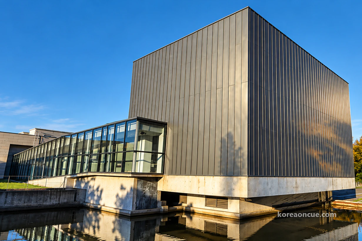 No people: on a clear November afternoon, a square box-shaped building in dark grey vertical-seam metal panels on a pale concrete base, seen obliquely across a still water channel that reflects it, a low glass corridor to the left and trees and lawn to the right. Editorial image.