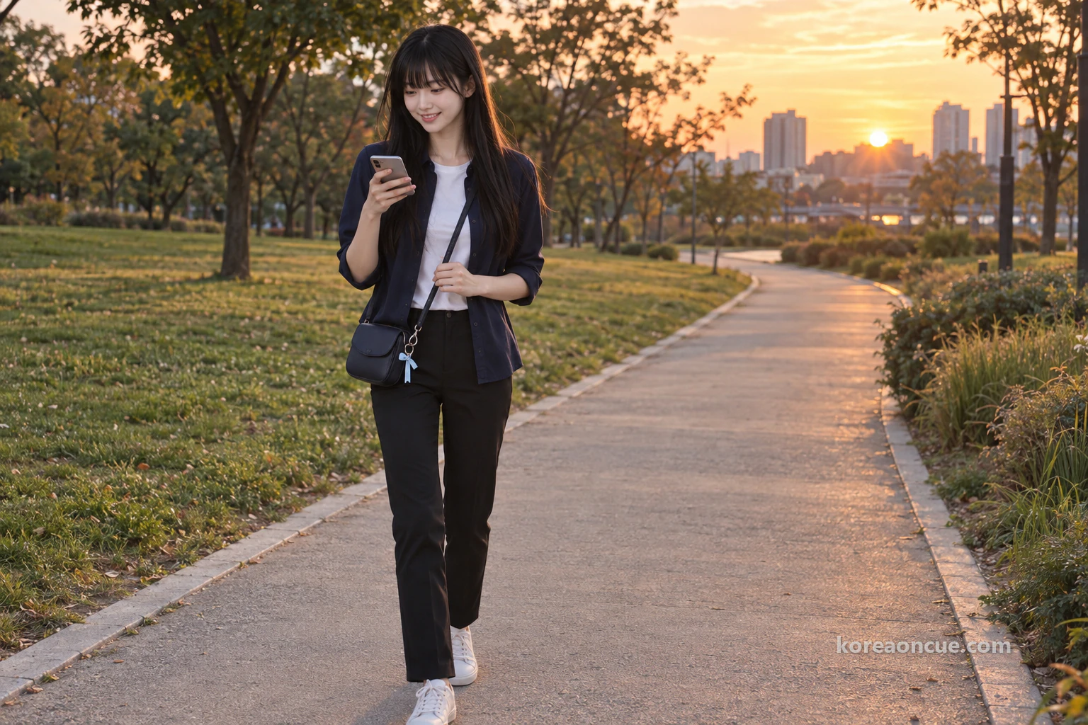 Maya walking along a park path between wide lawns and trees in the last warm light of dusk, smiling as she sends a message on her phone, a navy bag with a sky-blue ribbon charm on her shoulder, the path stretching far behind her and low city buildings on the horizon. Editorial image.