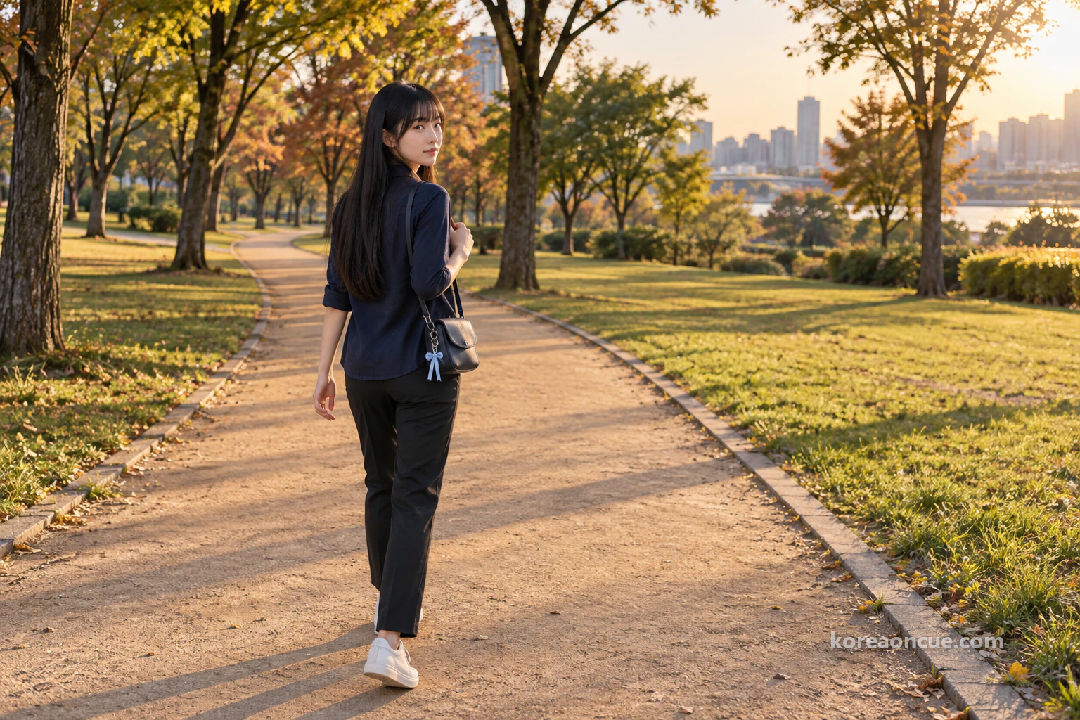 Maya seen obliquely from behind walking along a yellow-brown earthen path that curves far away between trees in low warm late-afternoon sun, a navy bag on her shoulder, lawn on both sides, open sky and faint city buildings on the horizon. Editorial image.