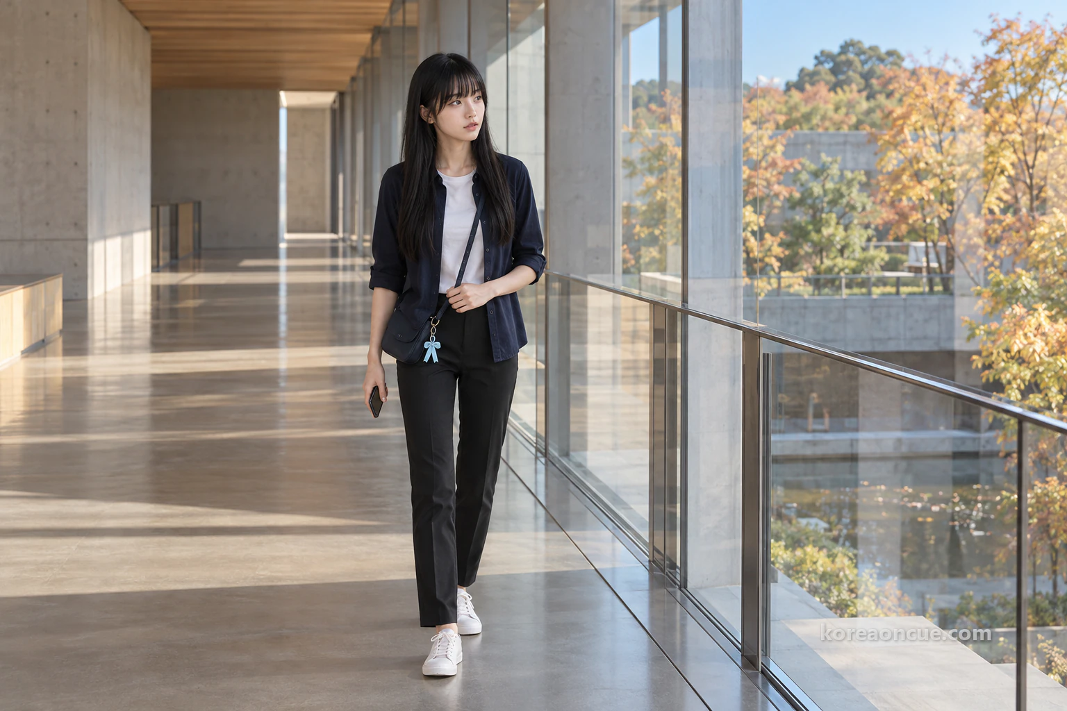 Maya walking along a glass-walled upper-floor corridor finished in exposed concrete and wood, turning her head towards the inner courtyard with a curious expression, trees and sky softly blurred beyond the glass. Editorial image.