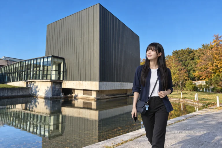 A museum with two tickets: Maya chooses between Building 1 and Building 2 at SOMA Museum of Art in Olympic Park on a weekday afternoon — From Hanseong Baekje Station Exit 2 underground to Building 2 — From Commemoration to Landscape in Building 1 for 5,000 won, Gunrak: Six Gardens in Building 2 for 8,000 won, 1,000 won off if you see both, last entry 17:00