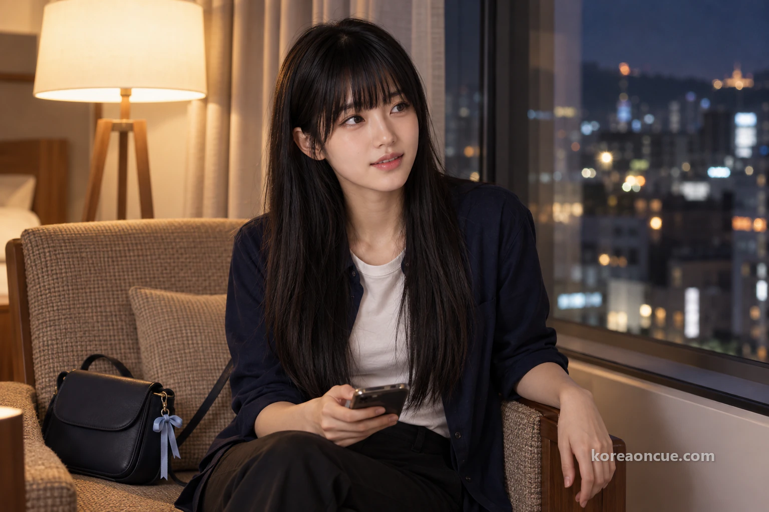 Maya on a chair by a guesthouse window at night, looking up from the phone on her knee towards the city lights outside with an anticipating smile, warm lamplight, a navy bag with a small sky-blue ribbon charm on the chair beside her. Editorial image.