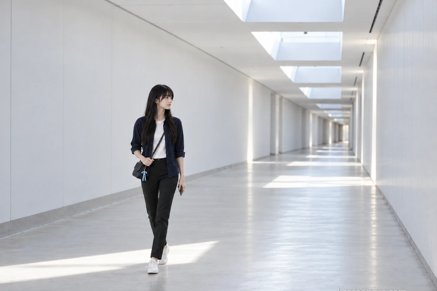 Maya small in a long frame, walking slowly along a long, bright white underground hall where daylight falls from openings in the ceiling and spreads across the floor, looking towards the far end, the walls plain and white. Editorial image.