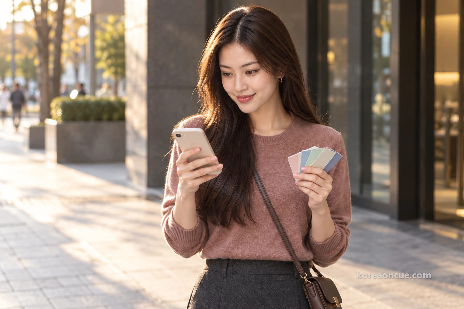 Mali on a pavement outside a building in late afternoon, a small fan of colour cards in one hand, spreading a map on her phone with her thumb, eyebrows and the corners of her mouth lifting as if she has just found something, low slanting sun and a blurred street. Editorial image.