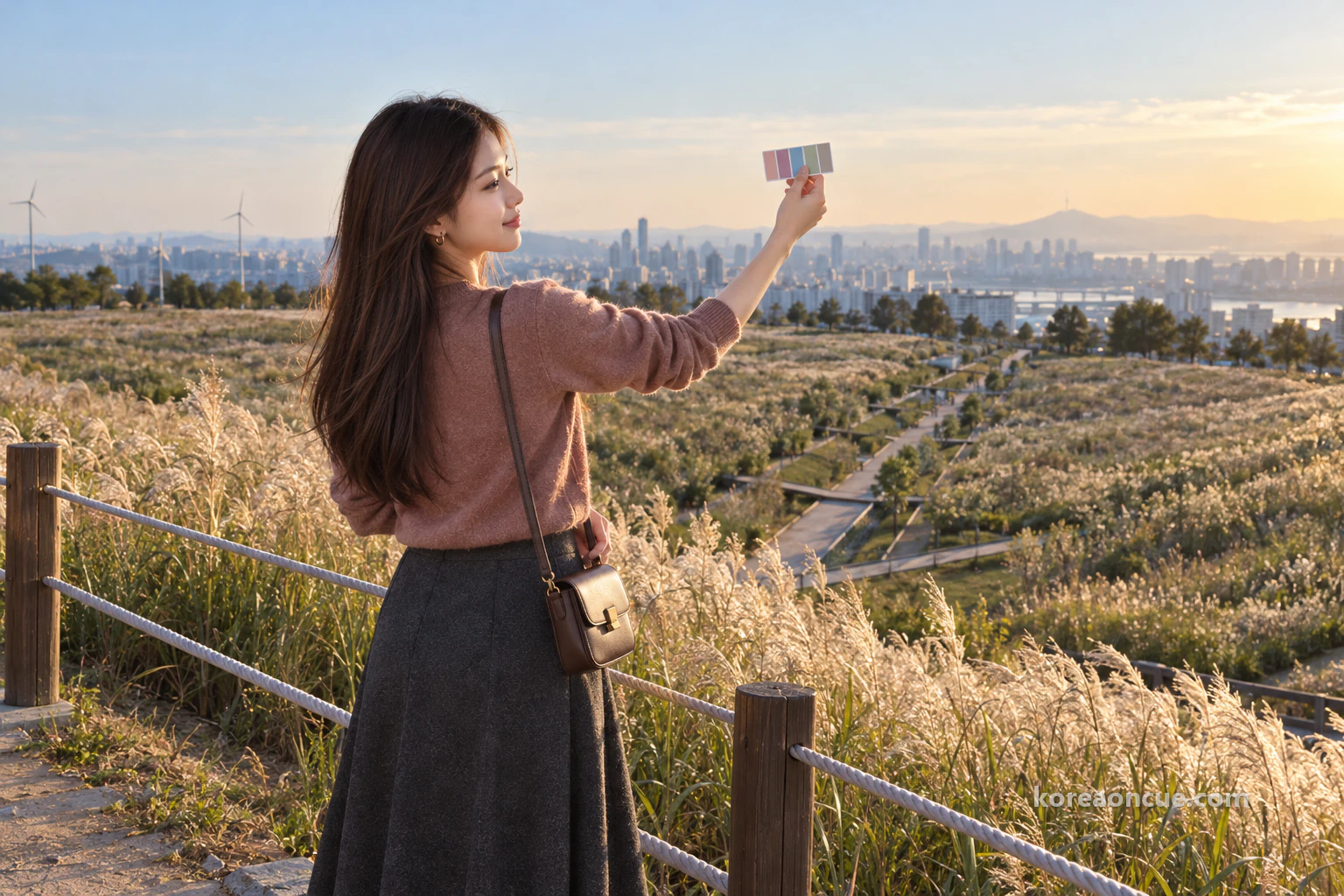 Mali seen obliquely from behind with her profile visible at a lookout on the sloping edge of the grassland in soft late-afternoon light, holding a colour card up against the distant eastern sky, the city spread out below and one low hazy mountain far away. Editorial image.