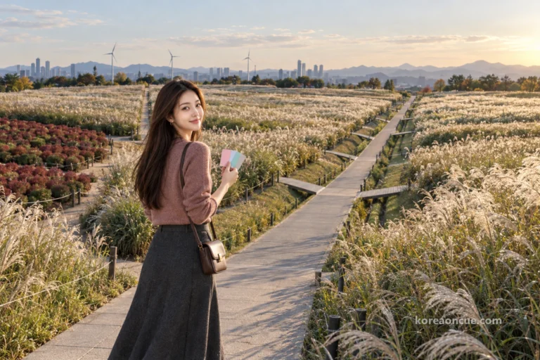 Mali’s sixth work trip to Seoul: the background colour for a year-end shoot, found at Haneul Park at sunset — Haneul Park in World Cup Park — from World Cup Stadium Station Exit 1 on Line 6, up by the Maengkkongi electric shuttle (November 09:00–19:00, last ride up 18:30) or the Haneul Stairs, to the silver grass and views across Seoul on all sides, and back down before the park closes at 21:00