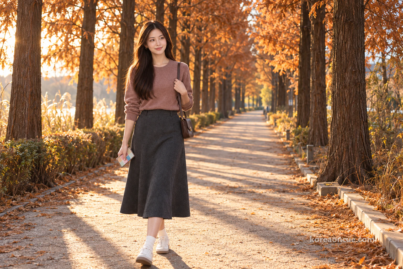 Mali seen obliquely from behind walking along a straight path lined with tall rust-orange metasequoias in golden late-afternoon side light, a bundle of colour cards in her hand, sunbeams slanting between the trunks and long shadows across the path. Editorial image.
