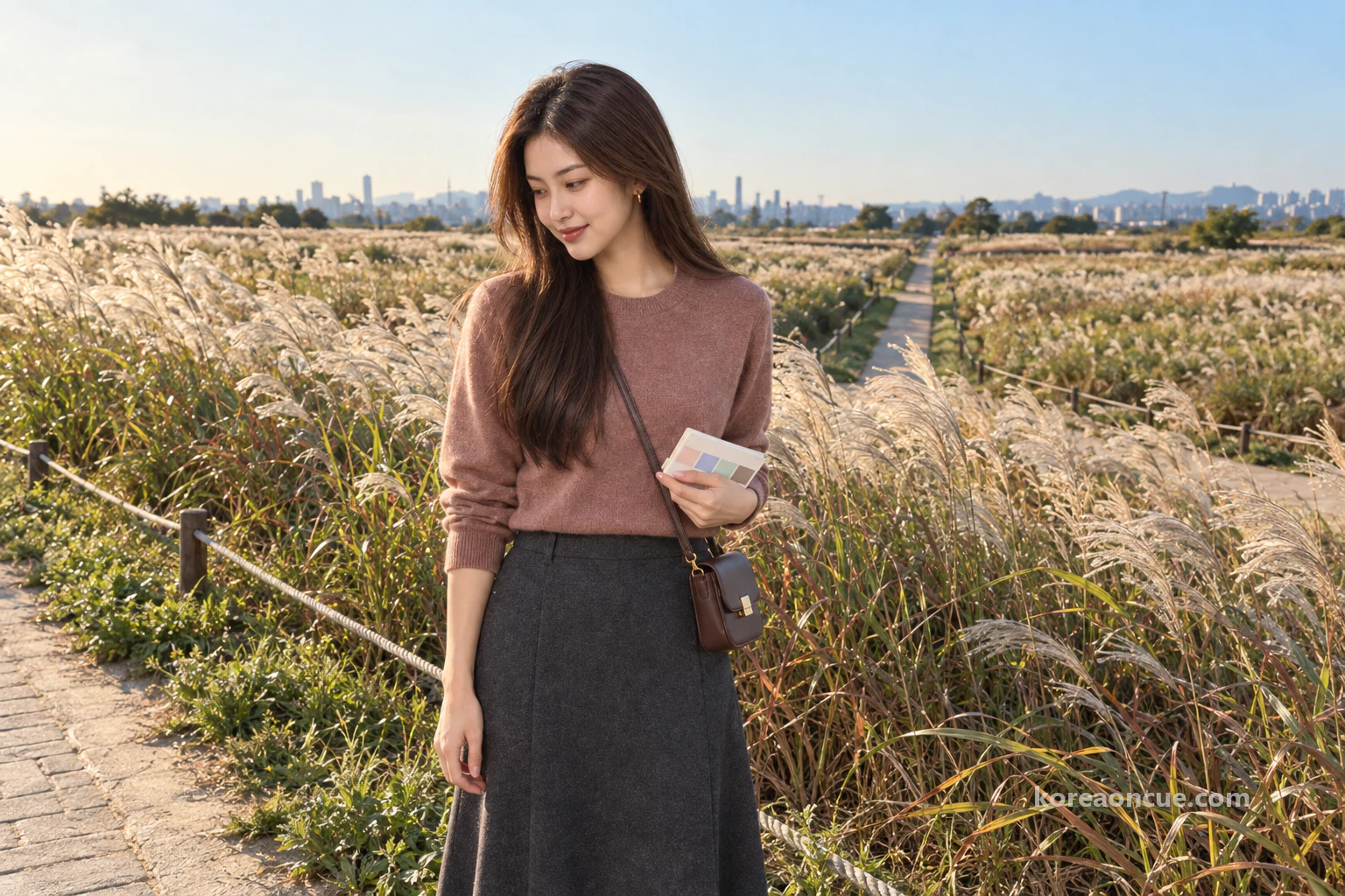 Mali half a step off a paved path between grass fields in late afternoon, calmly looking down at the soil and grass roots at her feet, a folded memo pad at her waist, tall silver grass leaning in the wind behind her. Editorial image.