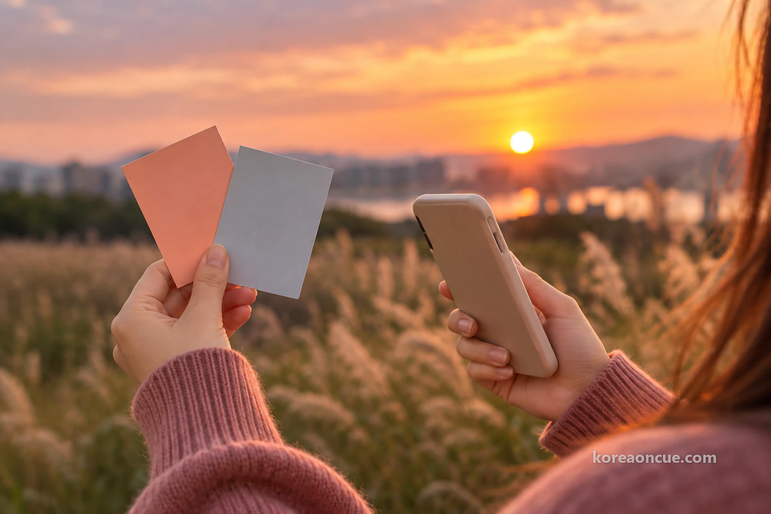 Close-up in sunset light of a hand in a dusty-rose knit sleeve holding a phone in a beige case, two plain cards in apricot and silver-grey held overlapping between the fingers of the other hand, the grassland and coloured sky softly blurred behind. Editorial image.