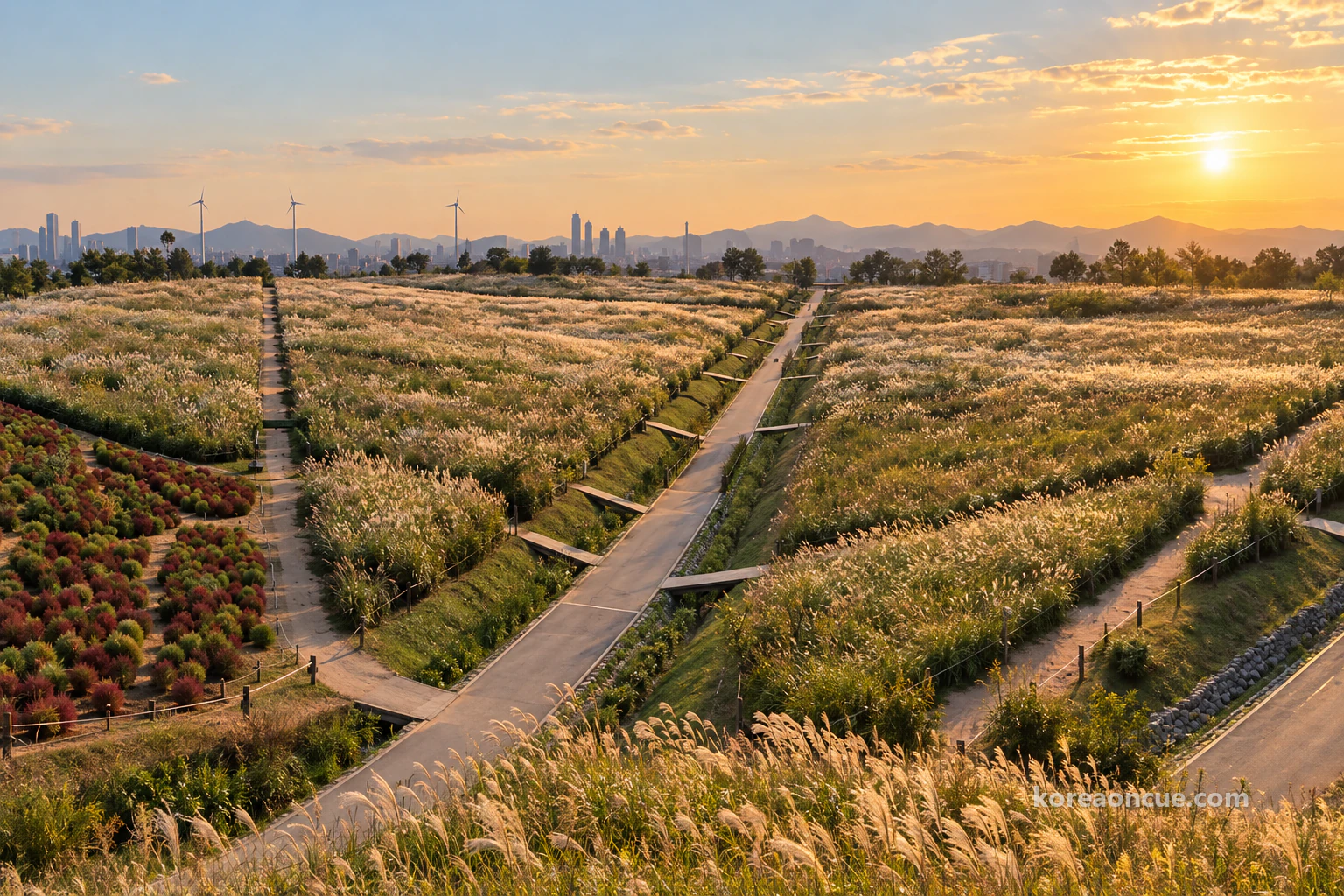 No people: a hilltop in late-afternoon light, wide fields of silver grass divided into long strips by straight paved paths and sunken green swales crossed by short wooden bridges, low rounded reddish shrubs at the lower left, three white wind turbines, hazy high-rises and mountain ridges on the horizon. Editorial image.
