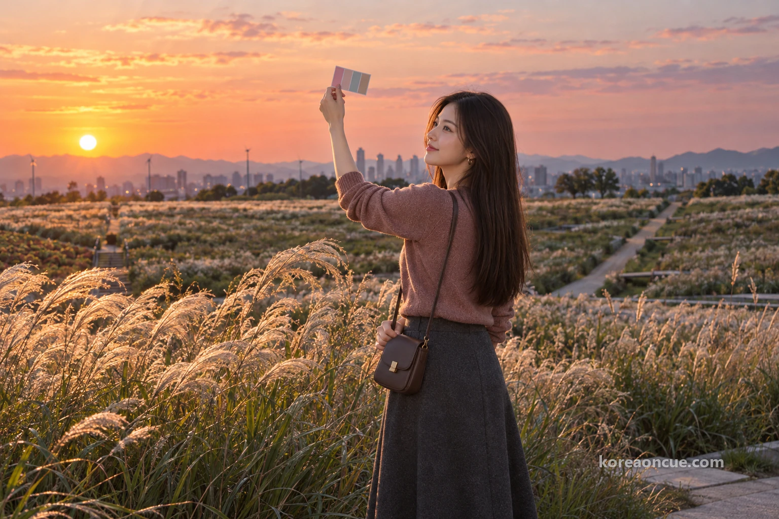 Mali half backlit at the edge of the grassland at sunset as the western sky turns apricot and pink, raising a colour card against the sky with an absorbed profile, silver-grass plumes leaning in the wind across the bottom of the frame and a low ridge far away. Editorial image.