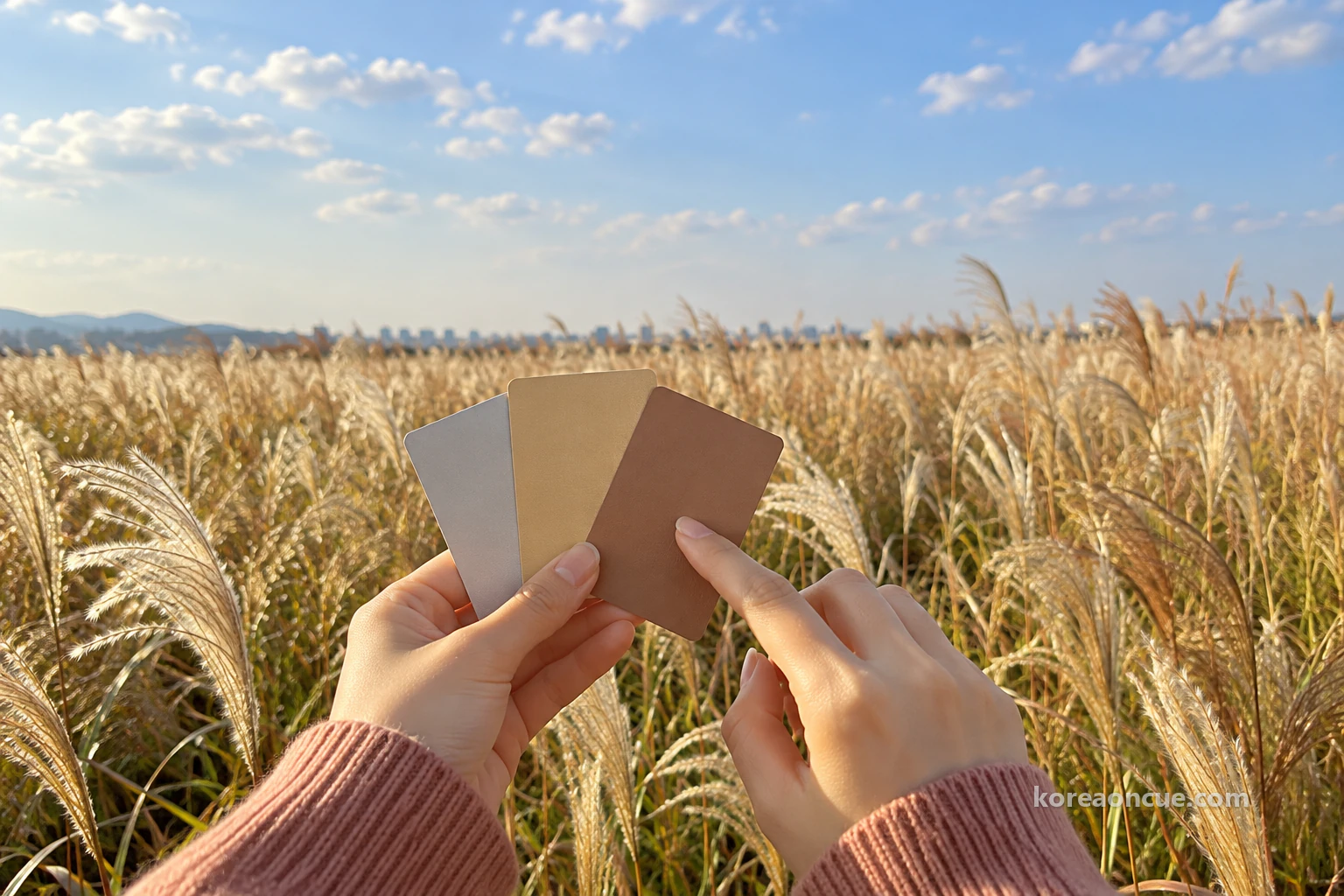 Close-up in front of tall dry silver-grass plumes of a hand in a dusty-rose knit sleeve holding three plain cards fanned out, silver-grey, wheat-gold and light brown, while the other hand’s index finger nudges one forward to compare, the grassland blurred in tilting sunlight. Editorial image.