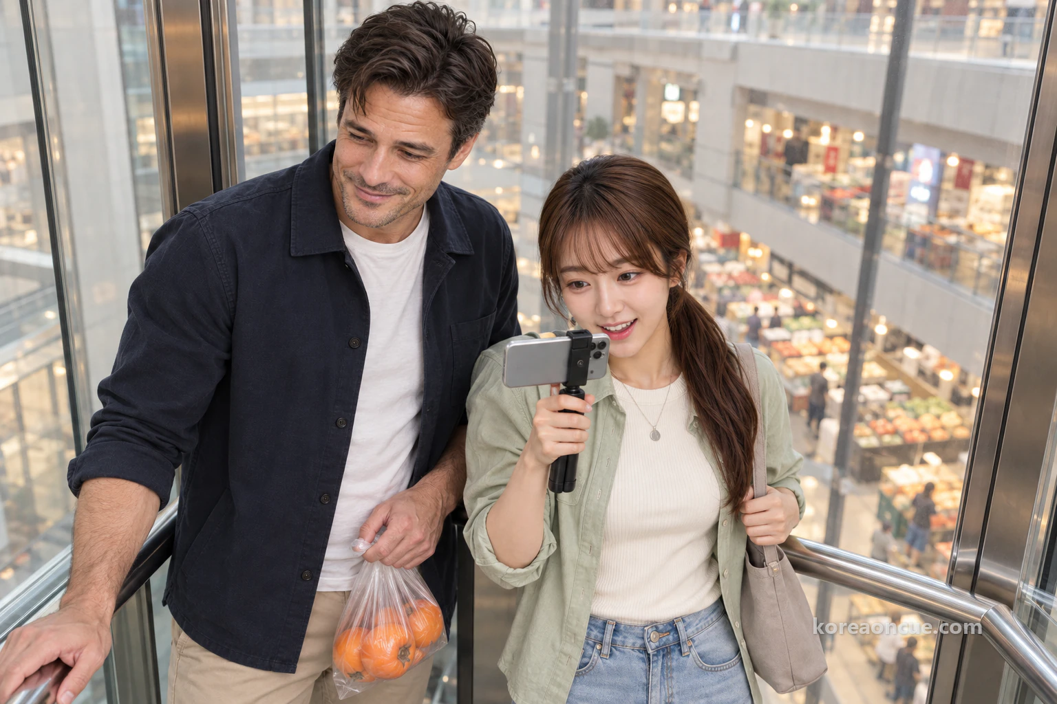 The two inside a clear glass elevator looking down through the glass at the floors below, Ethan holding a small plastic bag of persimmons and Lulu filming with her phone close to the glass. Editorial image.
